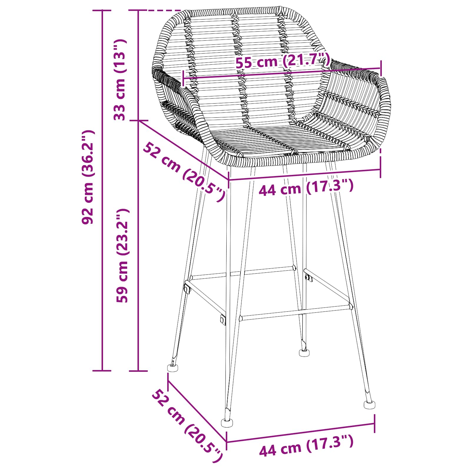 Barski stolac 2 pcs 55 x 52 x 92 cm Ratan i čelik