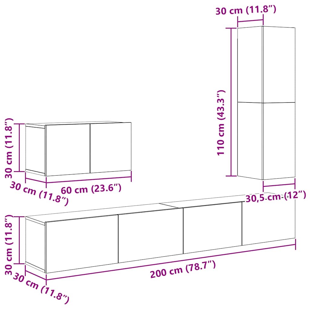 Set TV komoda s ladicama 4 pcs Crni hrast Konstruirano drvo