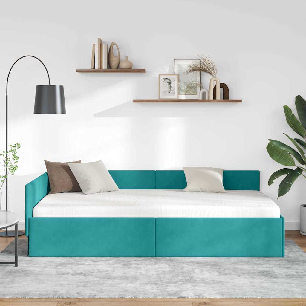 Kutni okvir kreveta s uzglavljem Tirkizna 90 cm x 190 cm Baršun