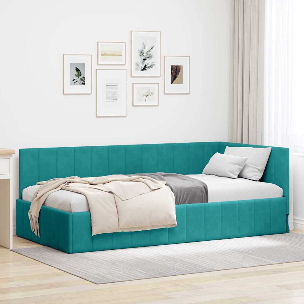 Kutni okvir kreveta s uzglavljem Tirkizna 90 cm x 200 cm Baršun