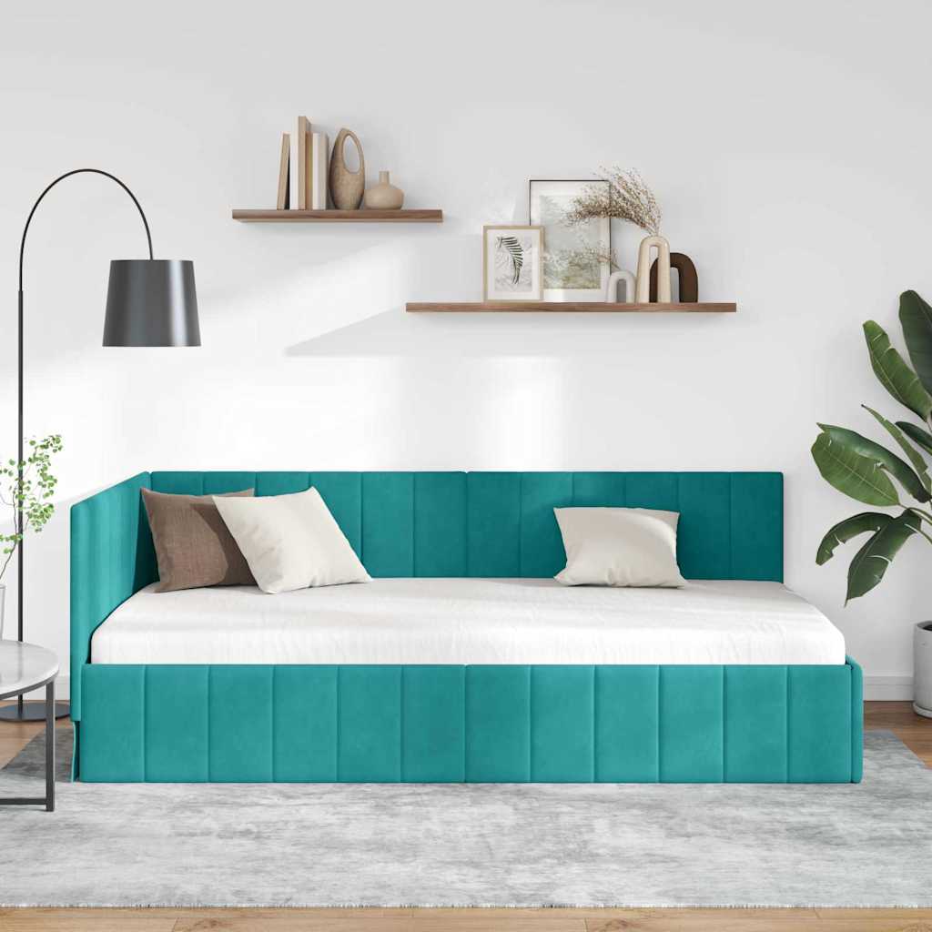 Kutni okvir kreveta s uzglavljem Tirkizna 90 cm x 200 cm Baršun