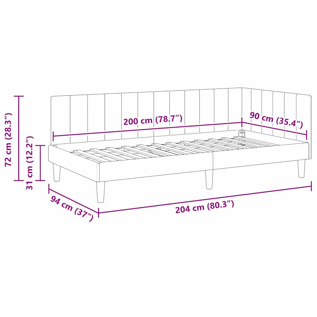 Kutni okvir kreveta s uzglavljem Crna 90 cm x 200 cm Baršun