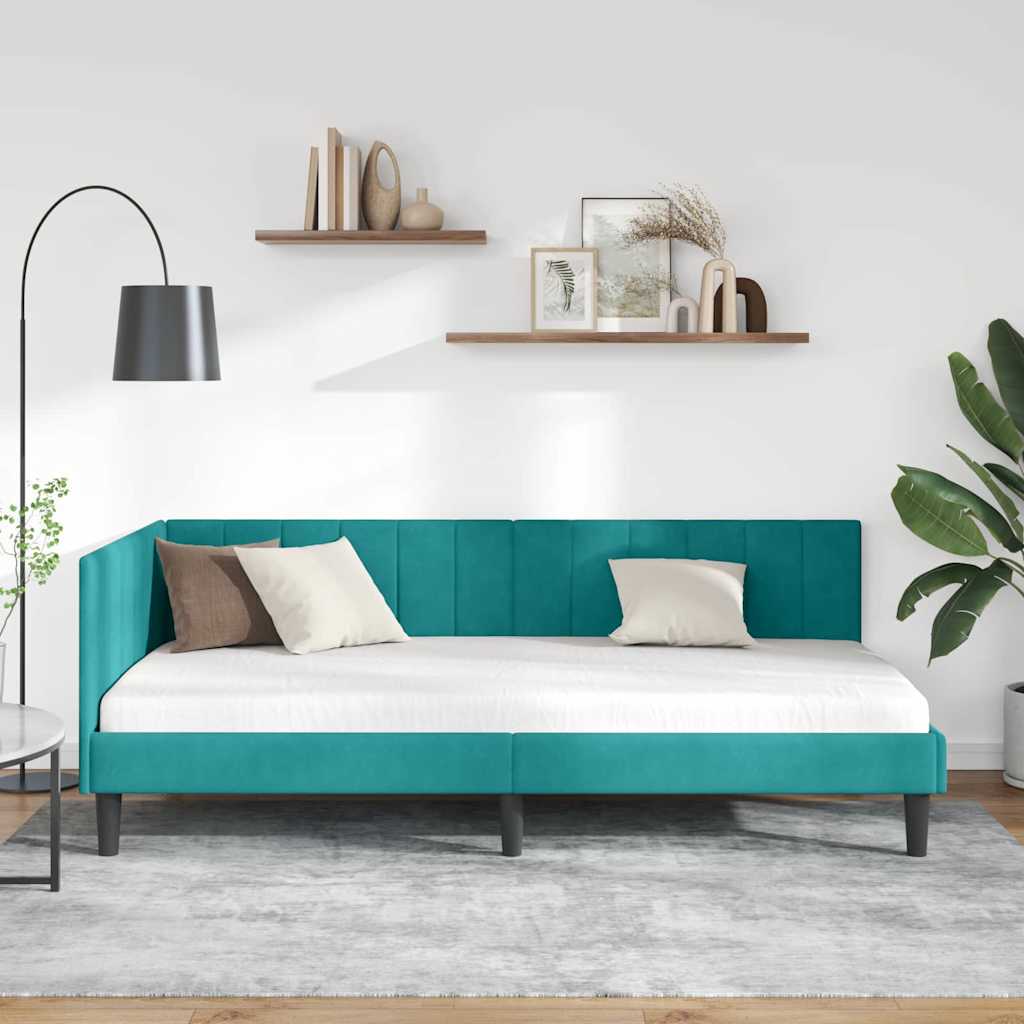 Kutni okvir kreveta s uzglavljem Tirkizna 90 cm x 200 cm Baršun