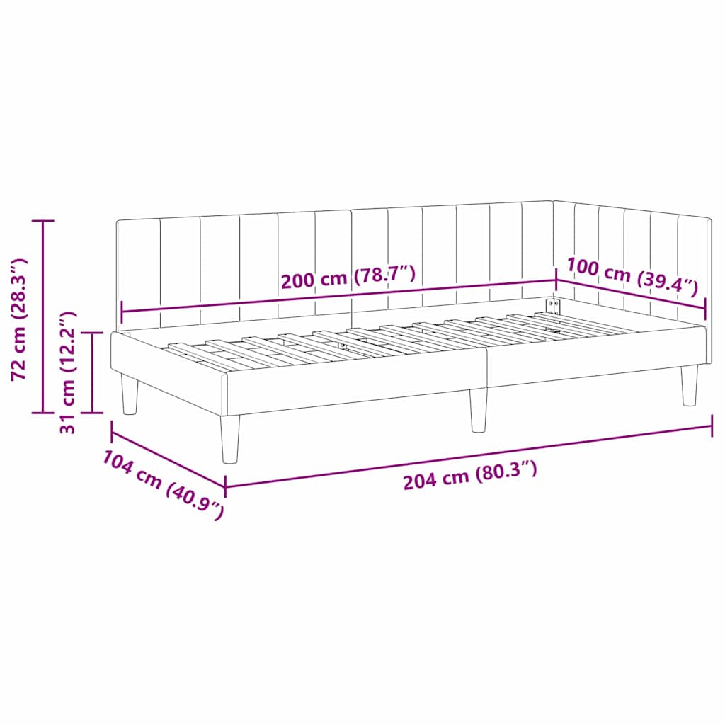 Kutni okvir kreveta s uzglavljem Crna 100 cm x 200 cm Baršun