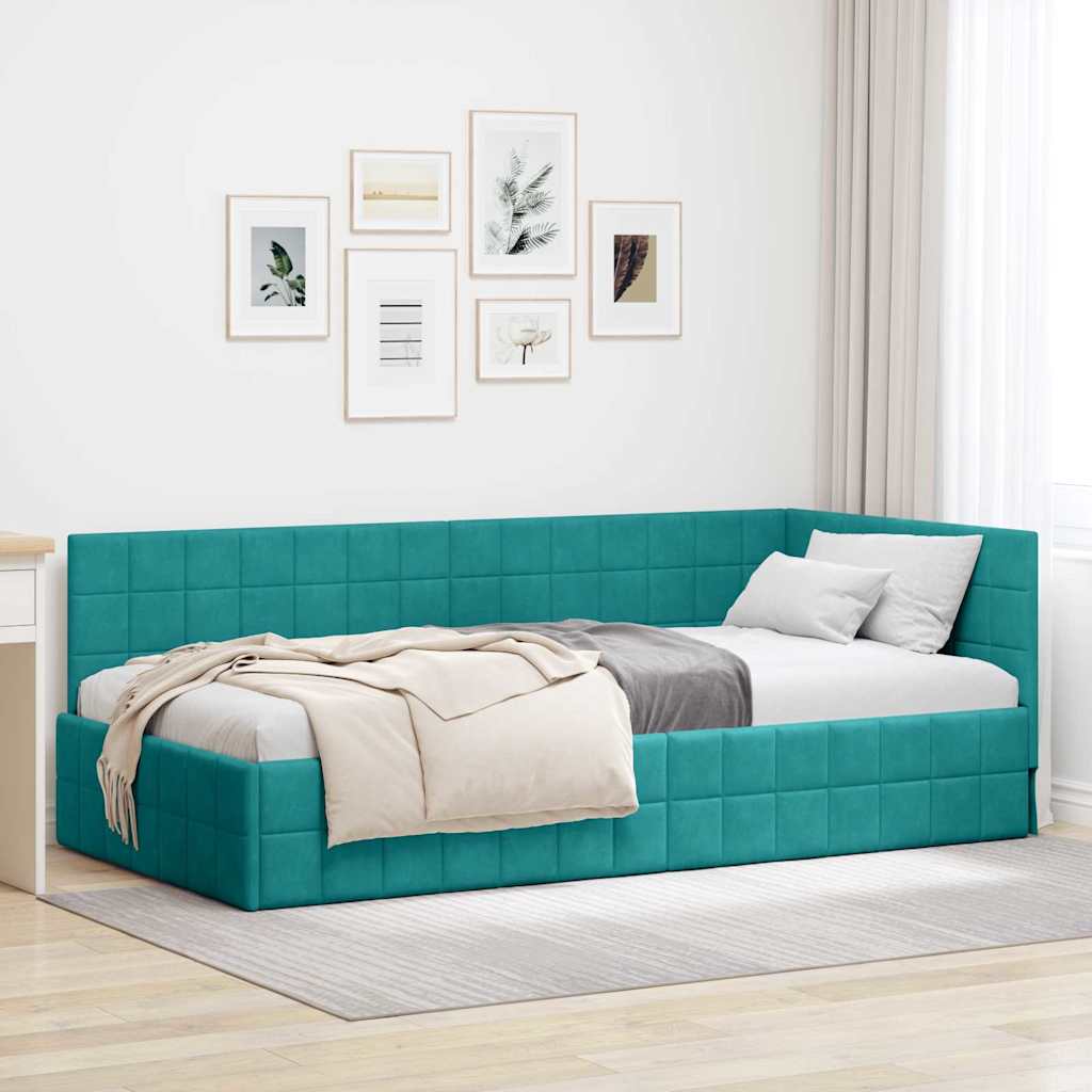 Kutni okvir kreveta s uzglavljem Tirkizna 90 cm x 190 cm Baršun
