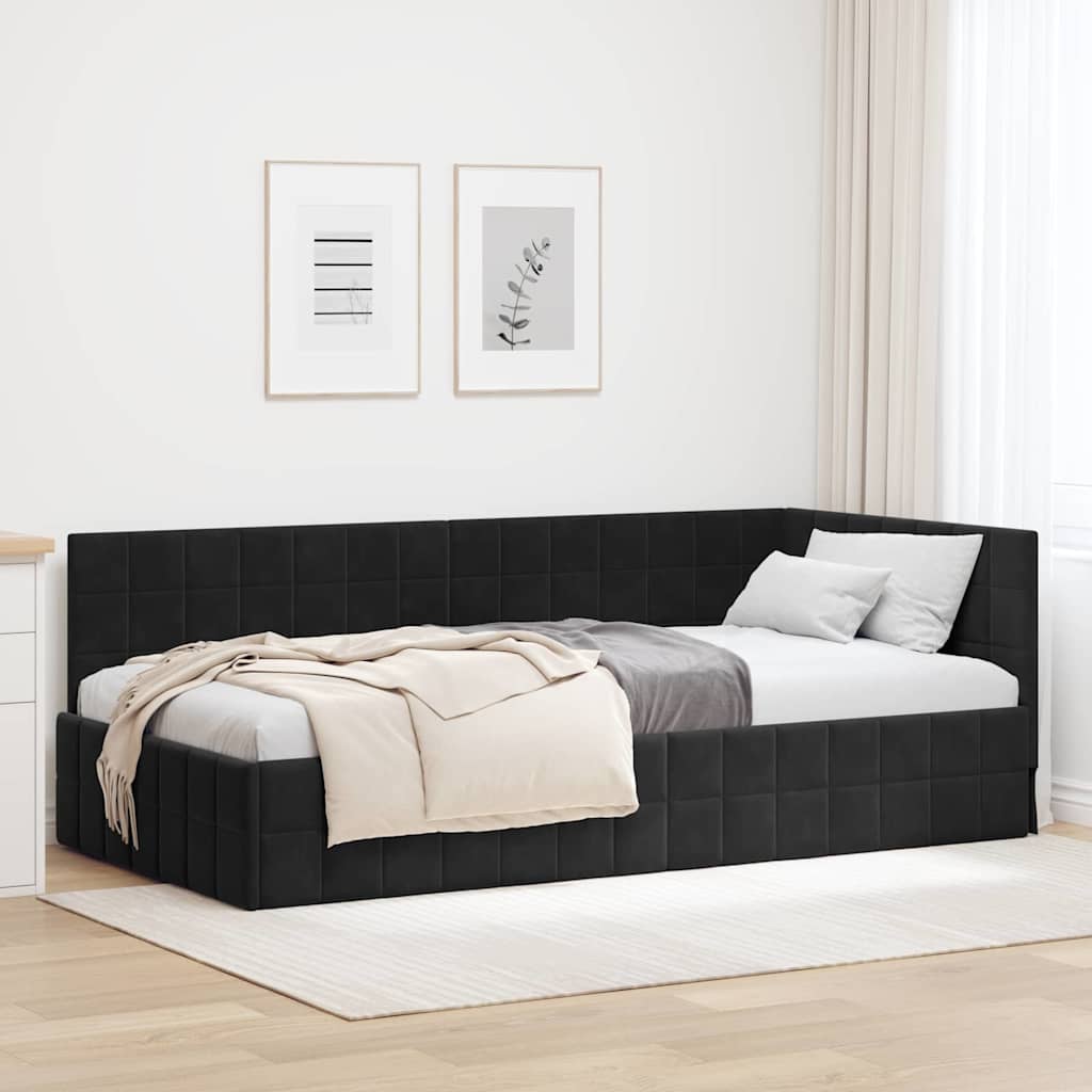 Kutni okvir kreveta s uzglavljem Crna 90 cm x 200 cm Baršun