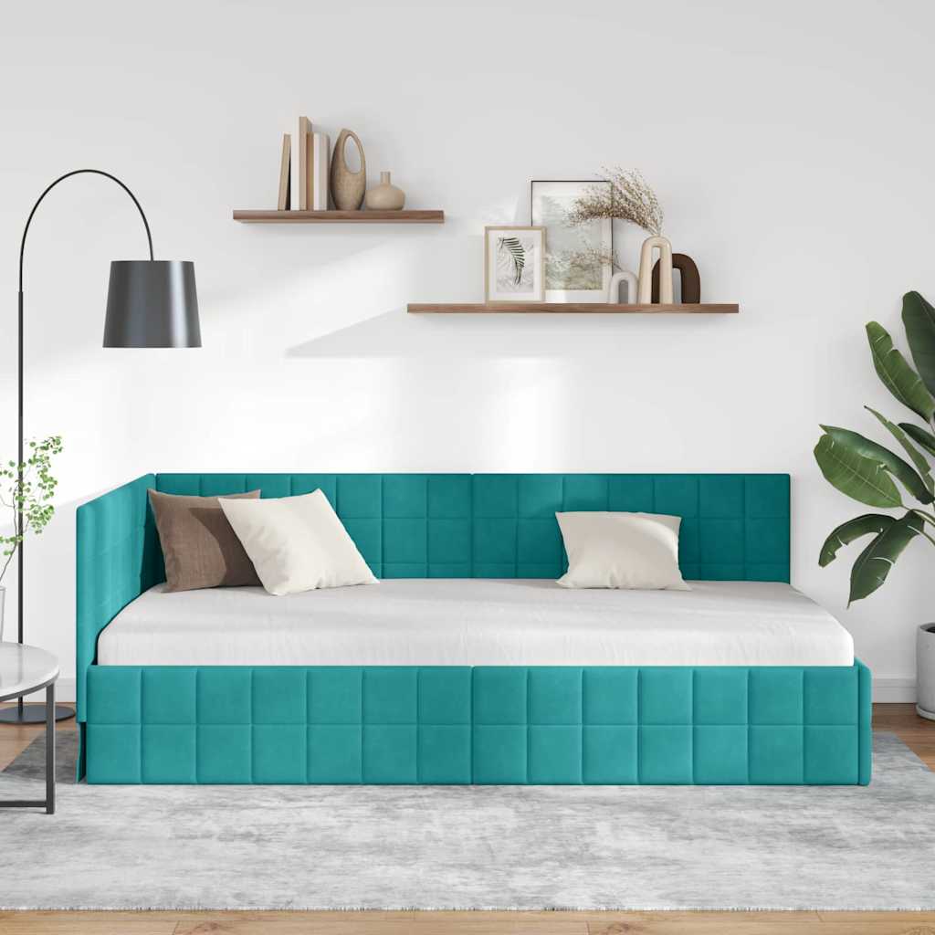 Kutni okvir kreveta s uzglavljem Tirkizna 90 cm x 200 cm Baršun