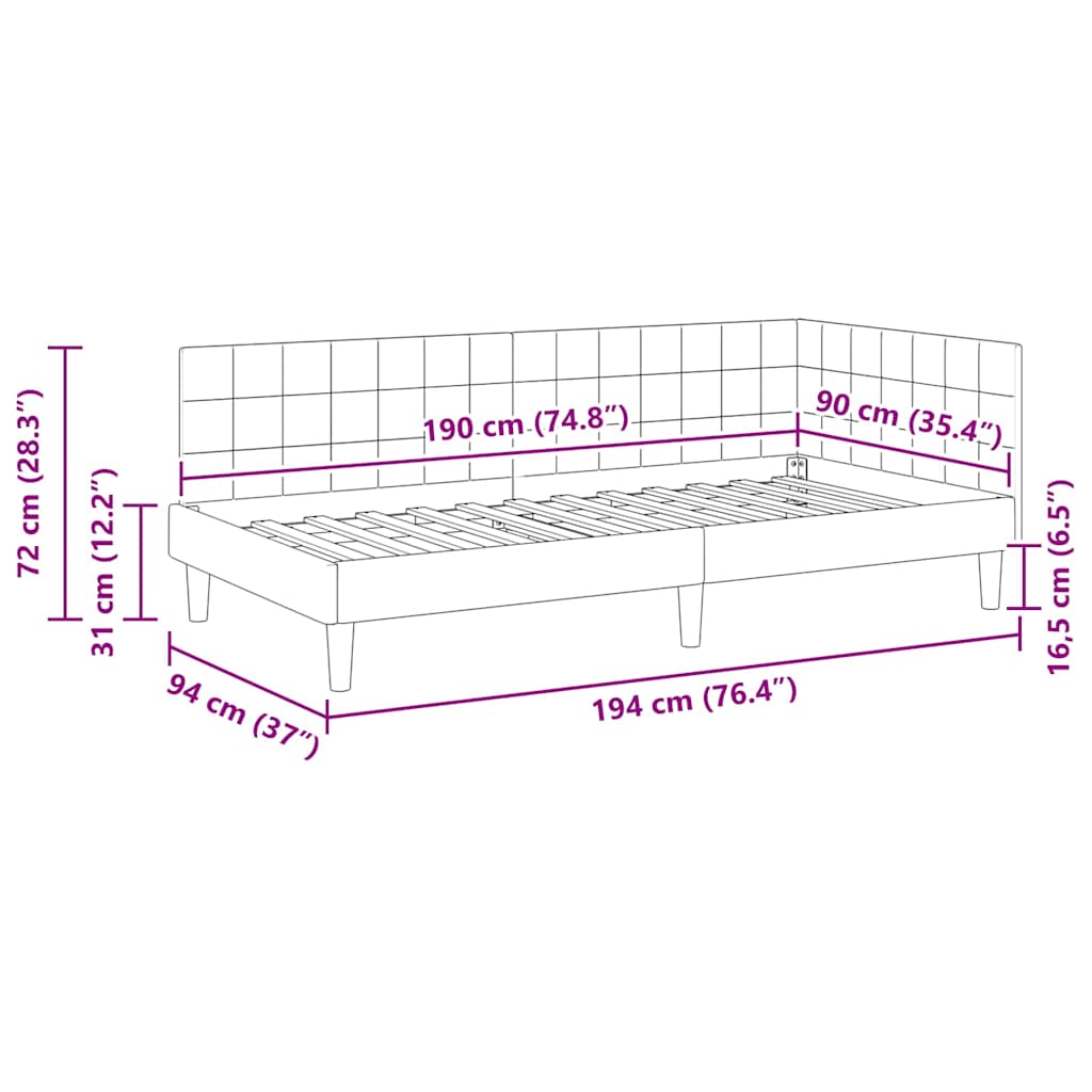 Kutni okvir kreveta Vinska crvena 90 cm x 190 cm Baršun