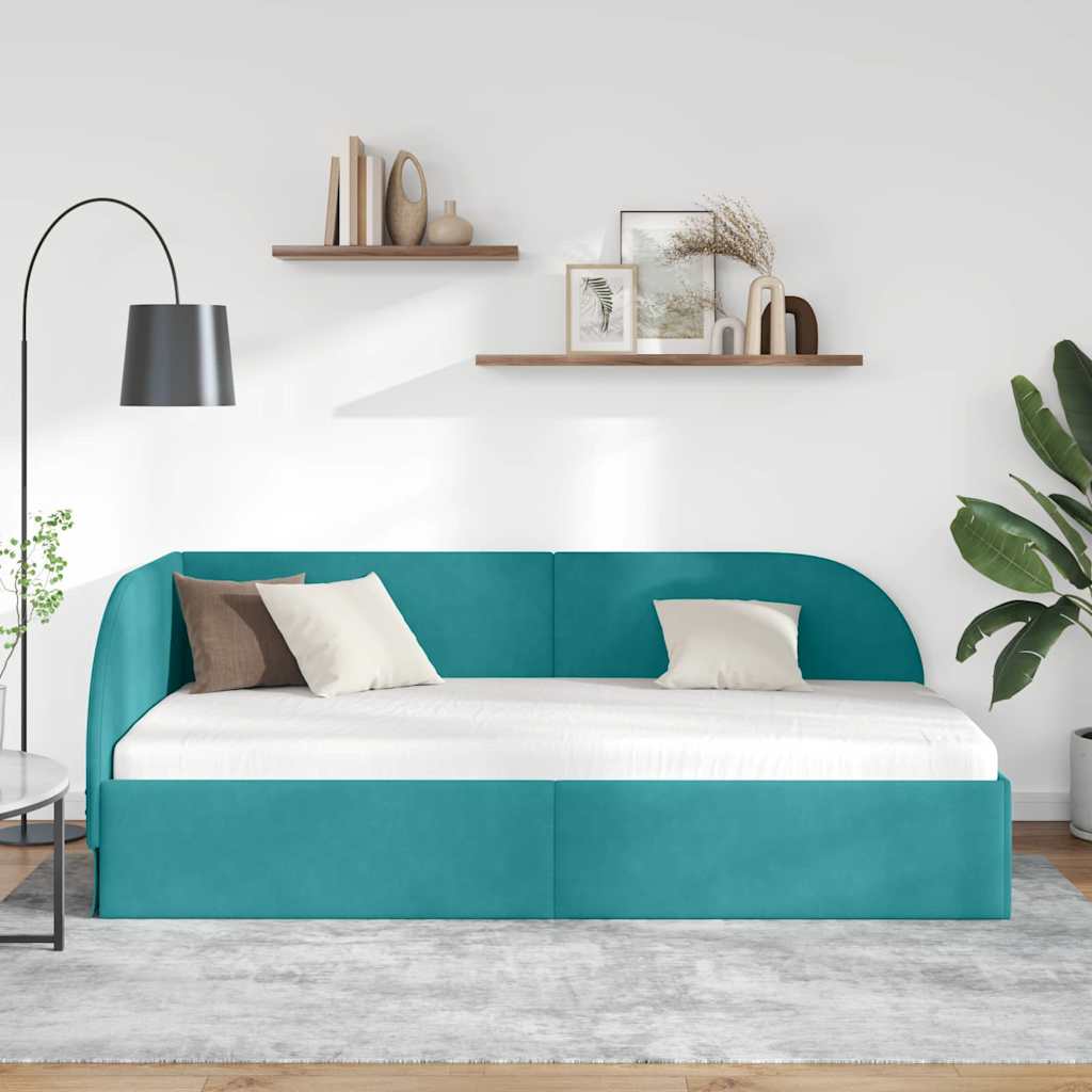 Kutni okvir kreveta s uzglavljem Tirkizna 90 cm x 190 cm Baršun