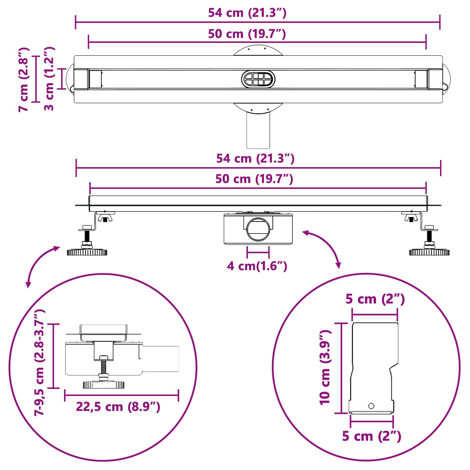 360° Odvod za tuširanje s tankim modelom Srebrno 50 cm