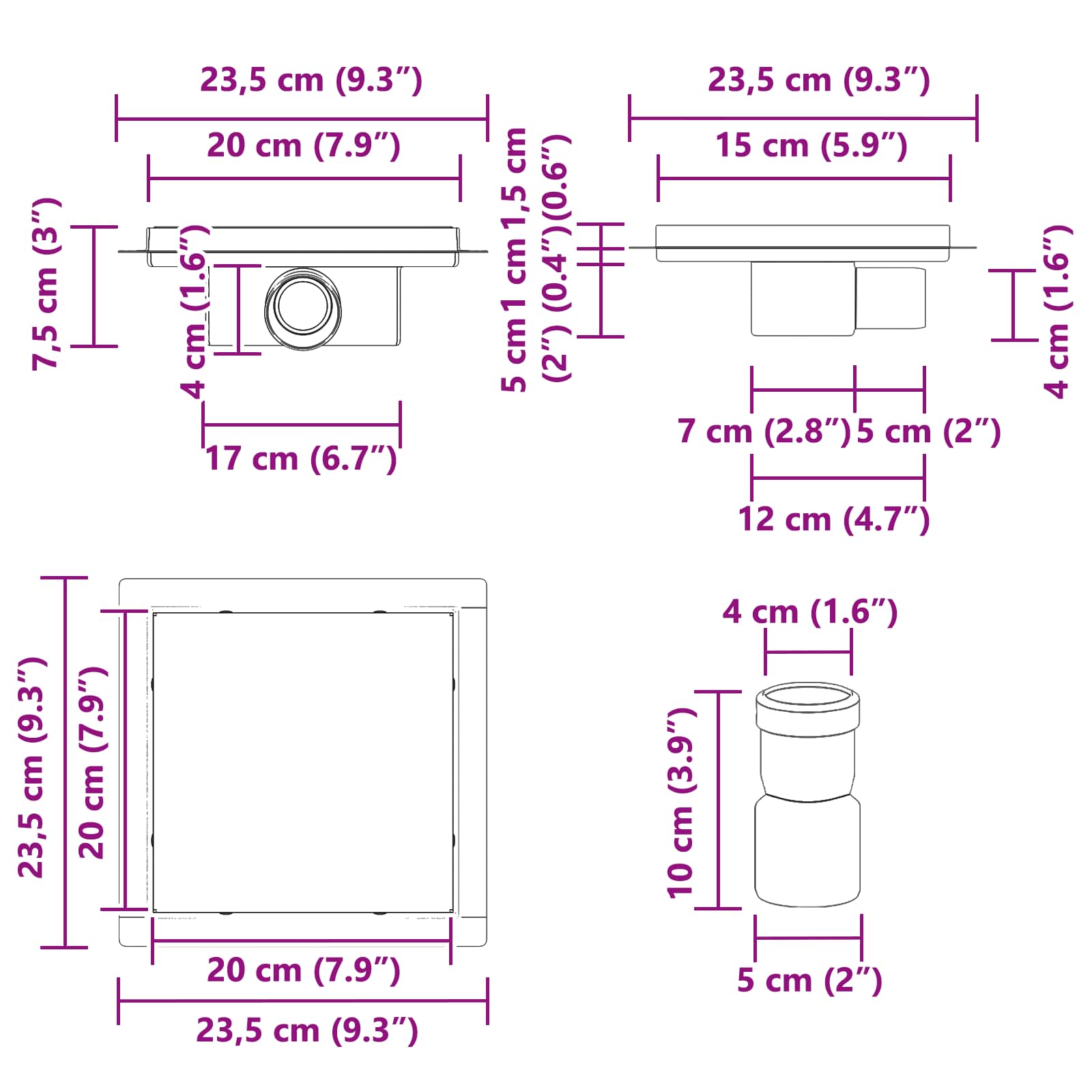 2 u 1 odvod za tuš Srebrno 20 x 20 cm Nehrđajući čelik 304