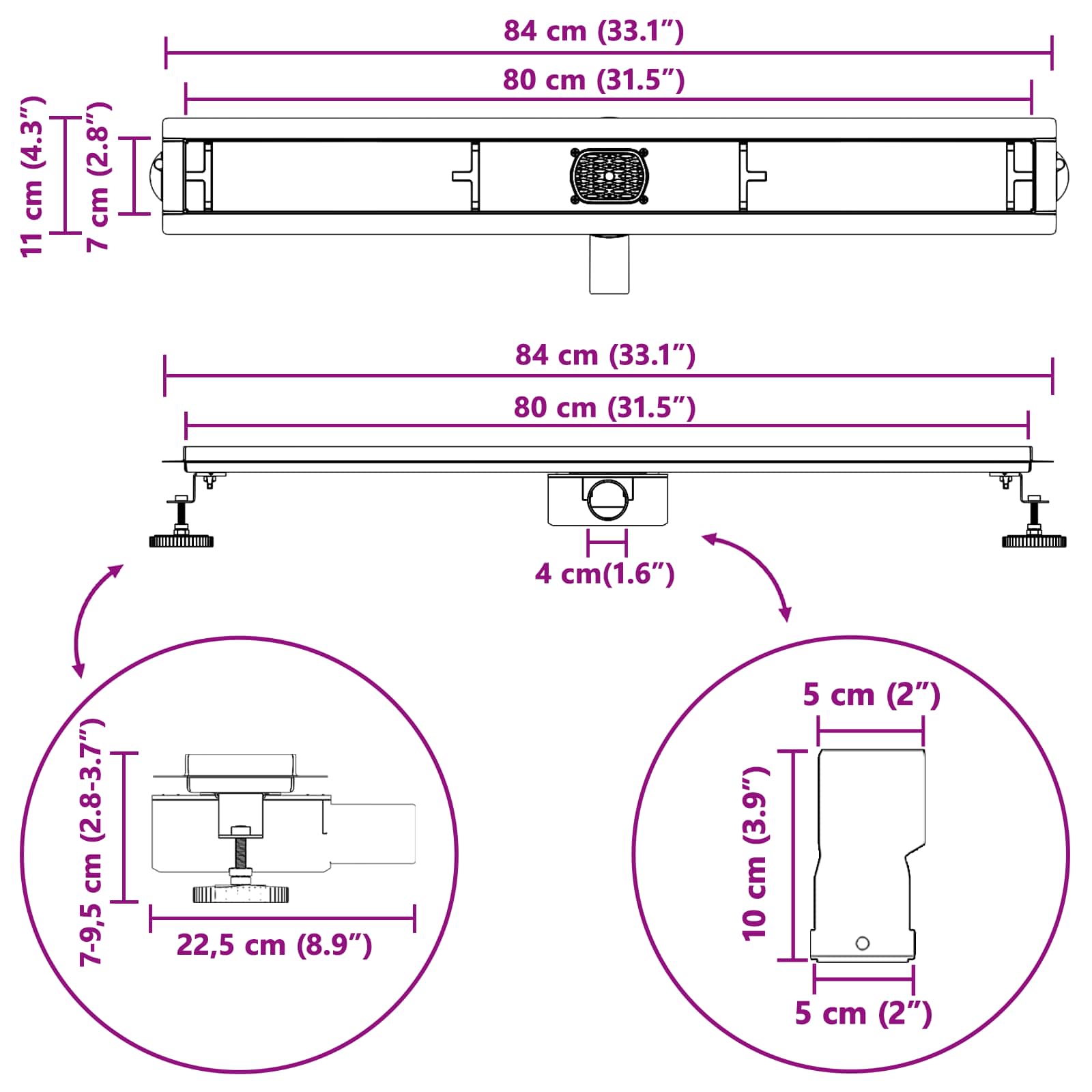Odvod za tuš s staklenim poklopcem i 360° sifonom Crna 80 cm