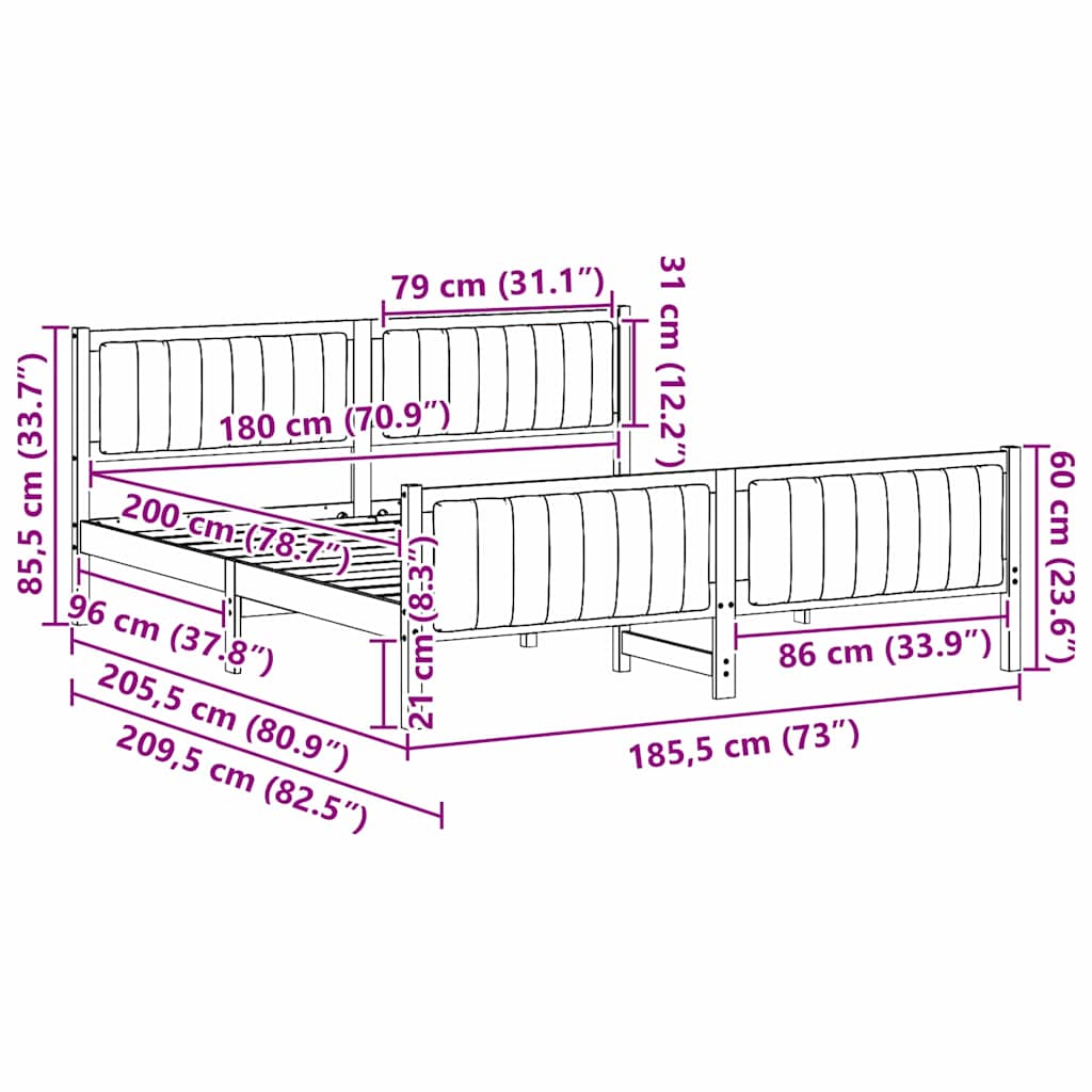 Okvir kreveta Smeđa i crna 180 x 200 cm Masivna borovina