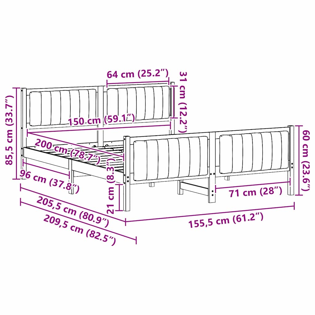 Okvir kreveta Smeđa i crna 150 x 200 cm Masivna borovina