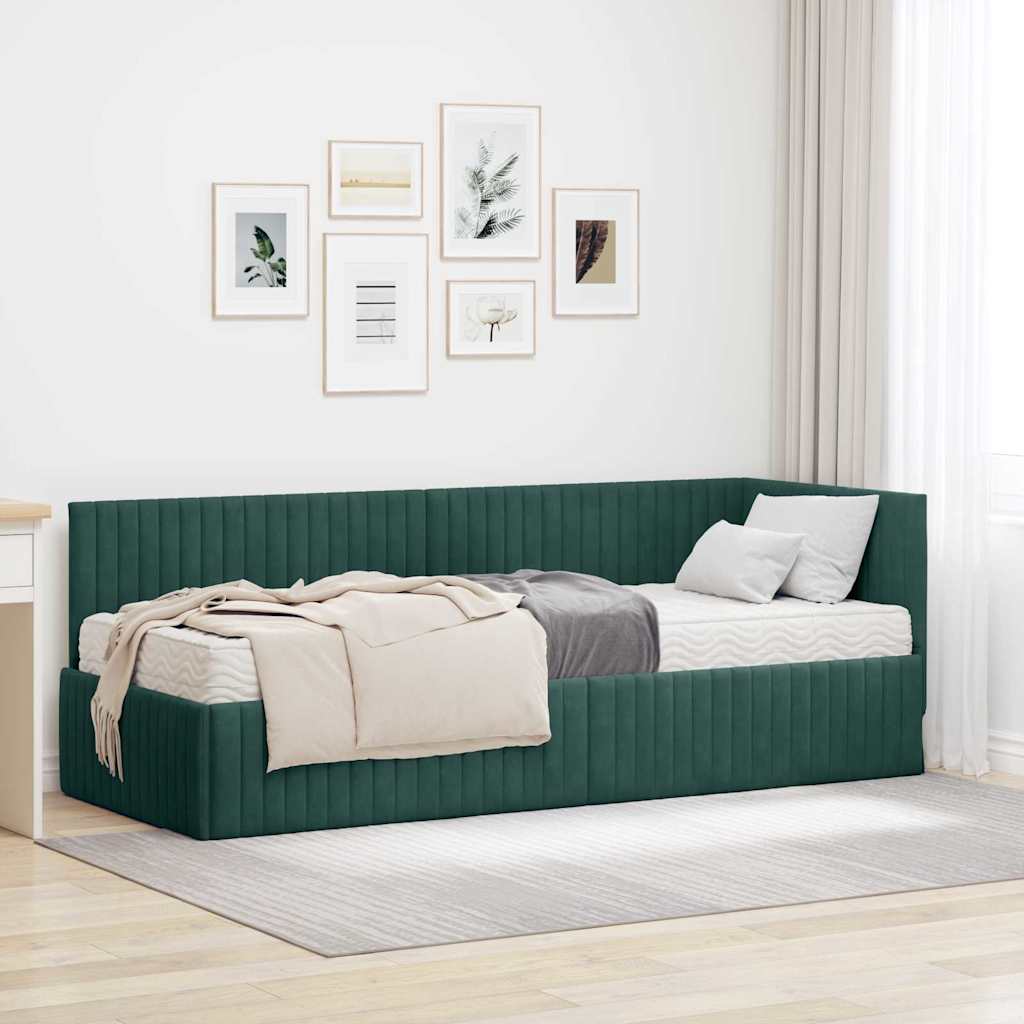Kutni krevetni okvir s madracem 2 pcs Zelena Baršun