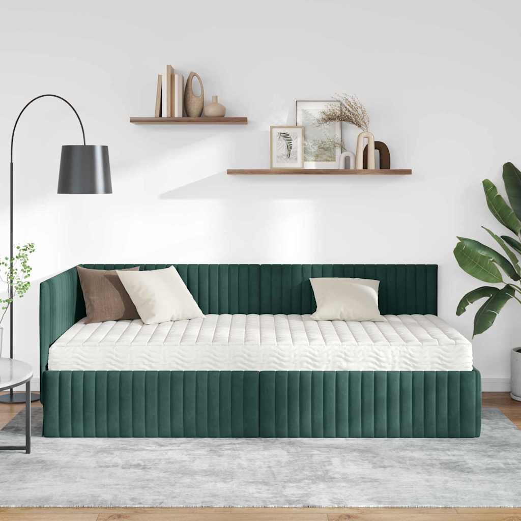 Kutni krevetni okvir s madracem 2 pcs Zelena Baršun