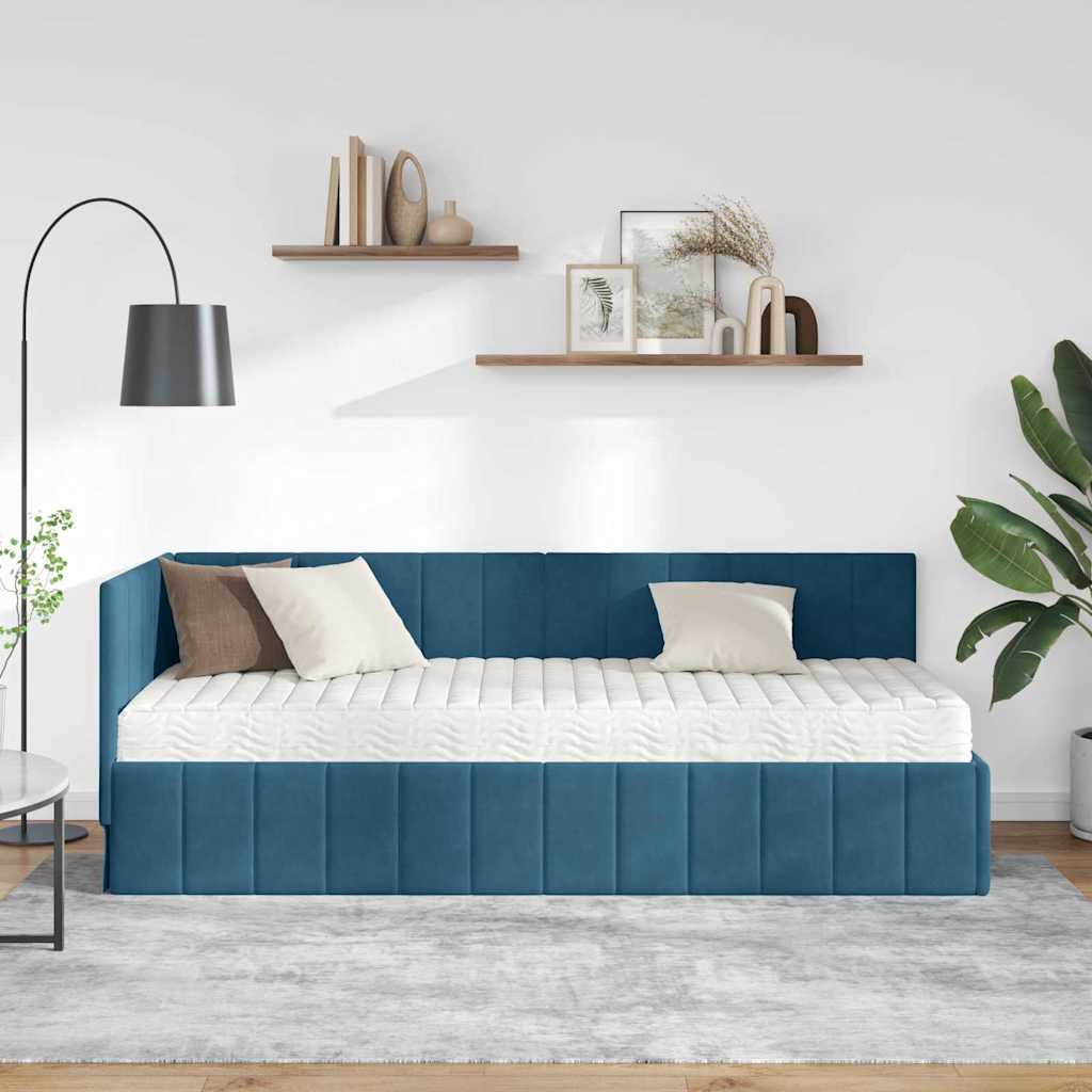 Kutni krevetni okvir s madracem s uzglavljem 2 pcs Plava Baršun
