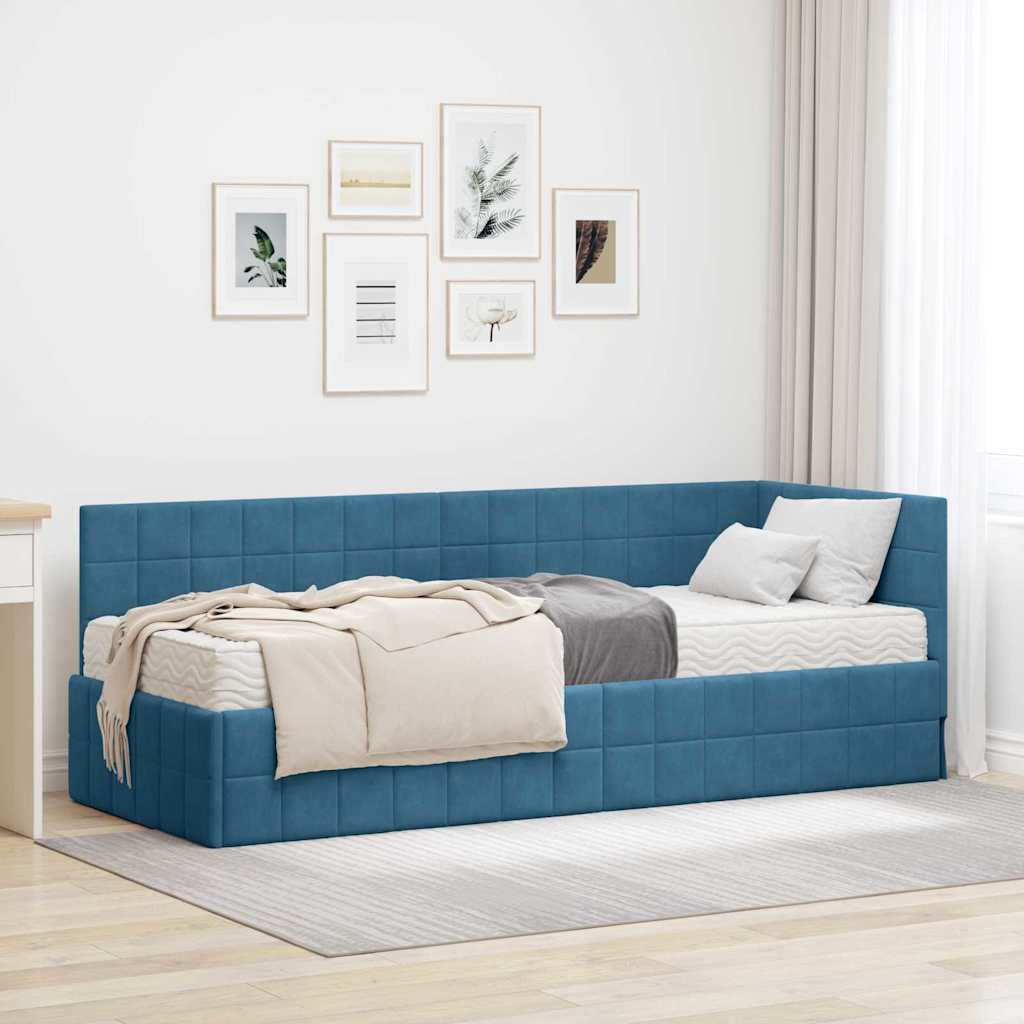 Kutni krevetni okvir s madracem s uzglavljem 2 pcs Plava Baršun