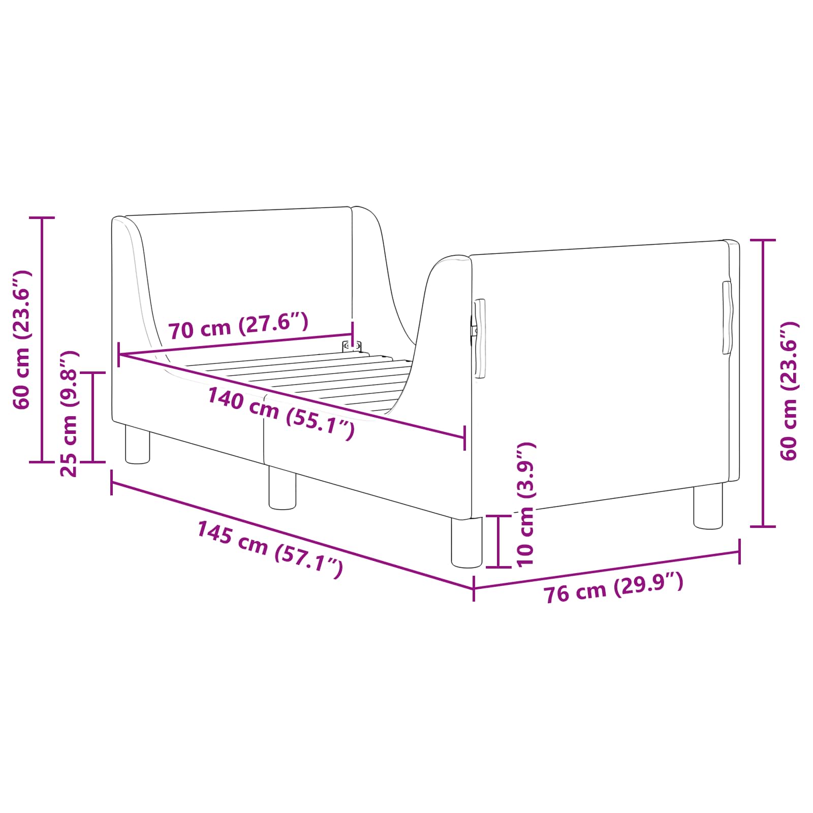 Okvir kreveta za malu djecu s naslonom Crna 70 x 140 cm Baršun