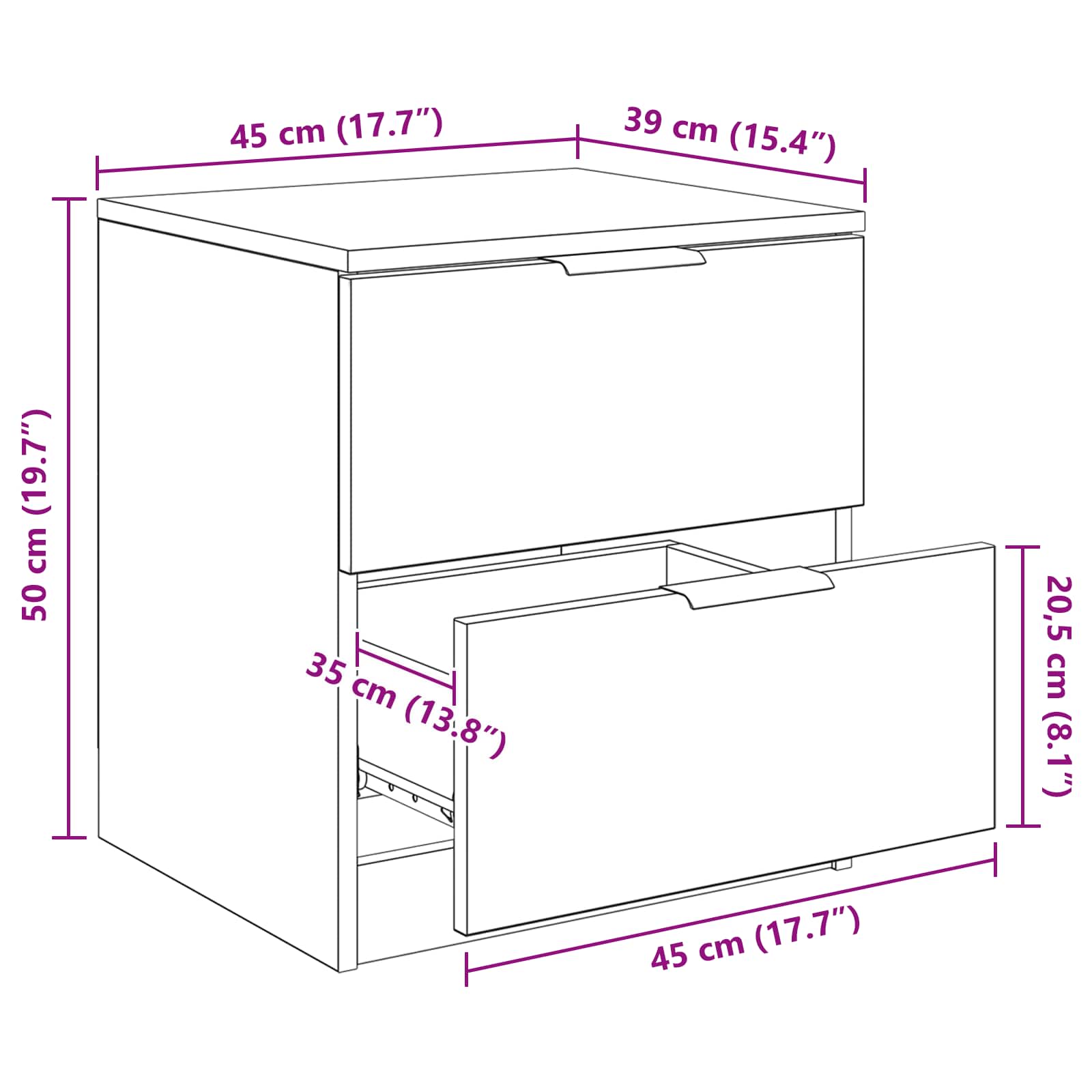 Noćni ormar s ladicama 2 pcs Umjetnički hrast 45 x 39 x 50cm