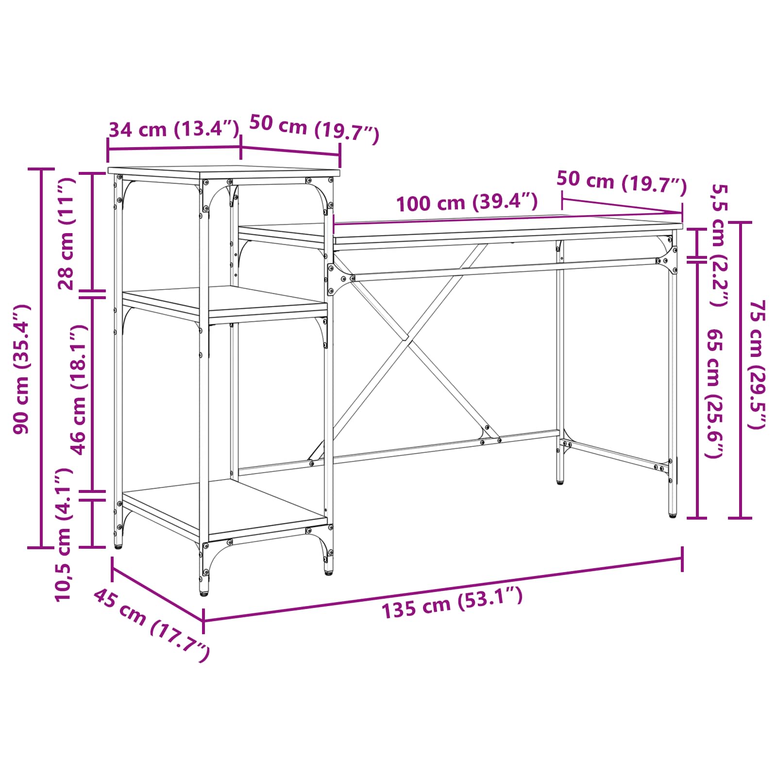 Stol Crni hrast 135 x 50 x 90 cm Konstruirano drvo
