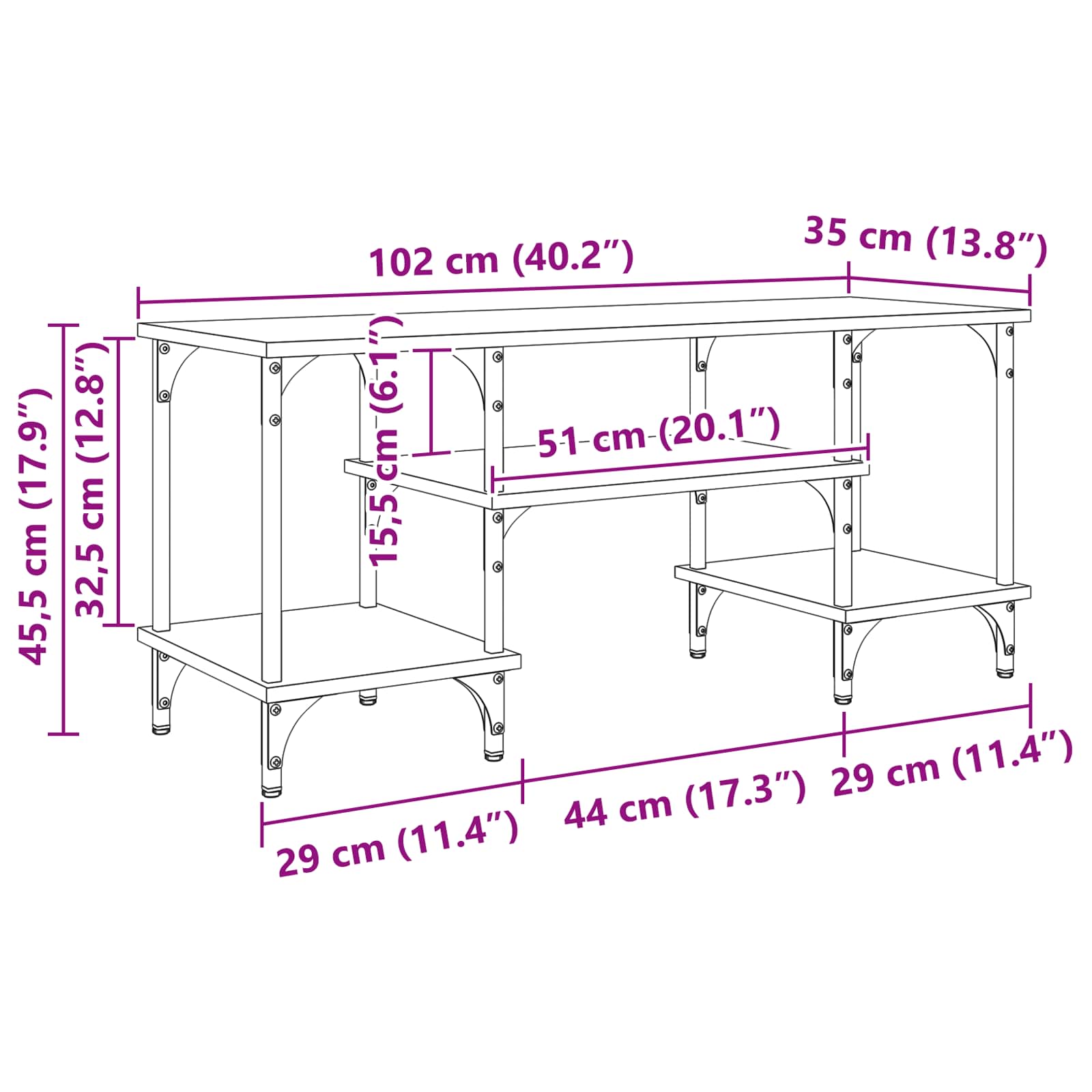 TV ormar Crni hrast 102 x 35 x 45,5 cm Obrađeno drvo i čelik
