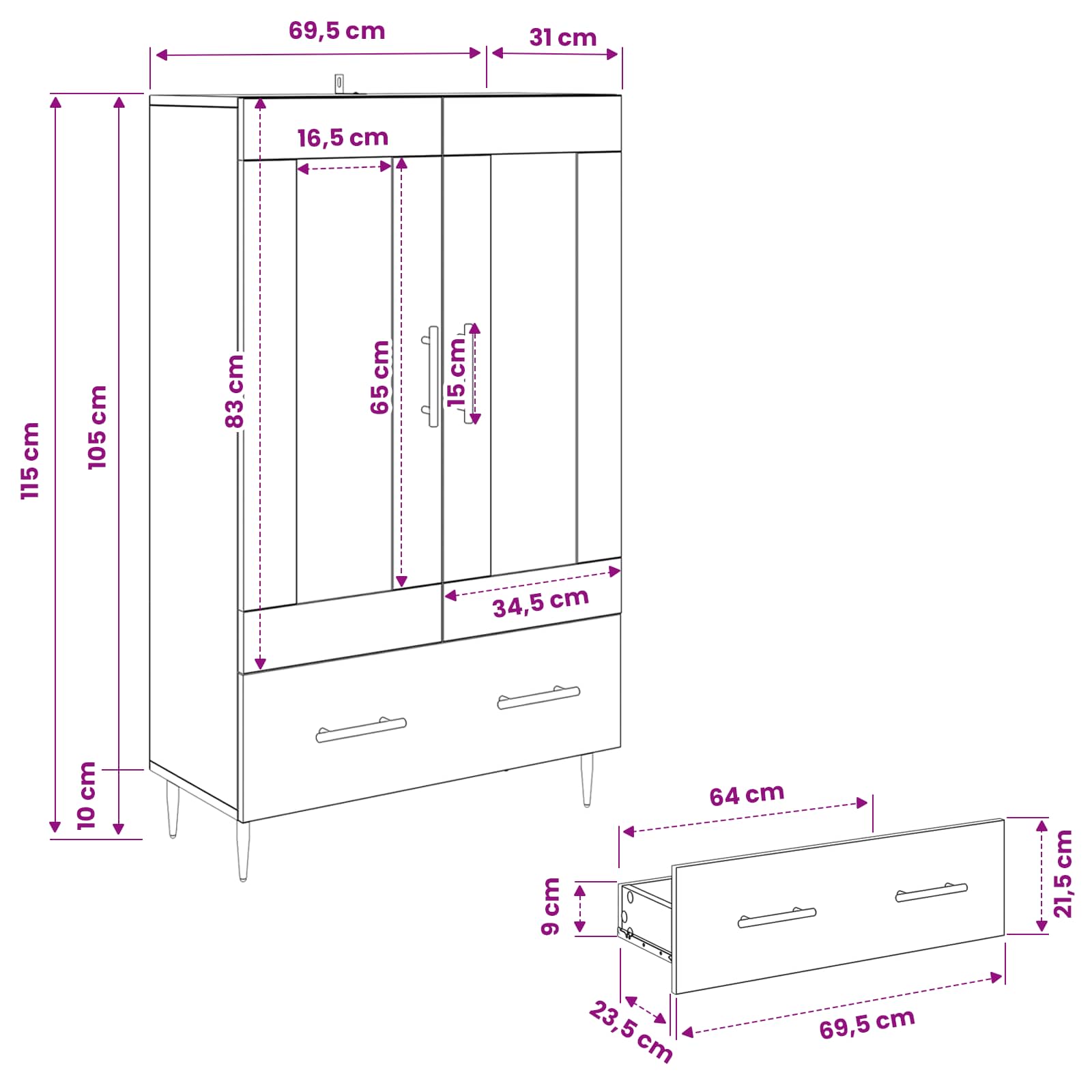 Highboard s ladicama Umjetnički hrast 69,5 x 31 x 115 cm