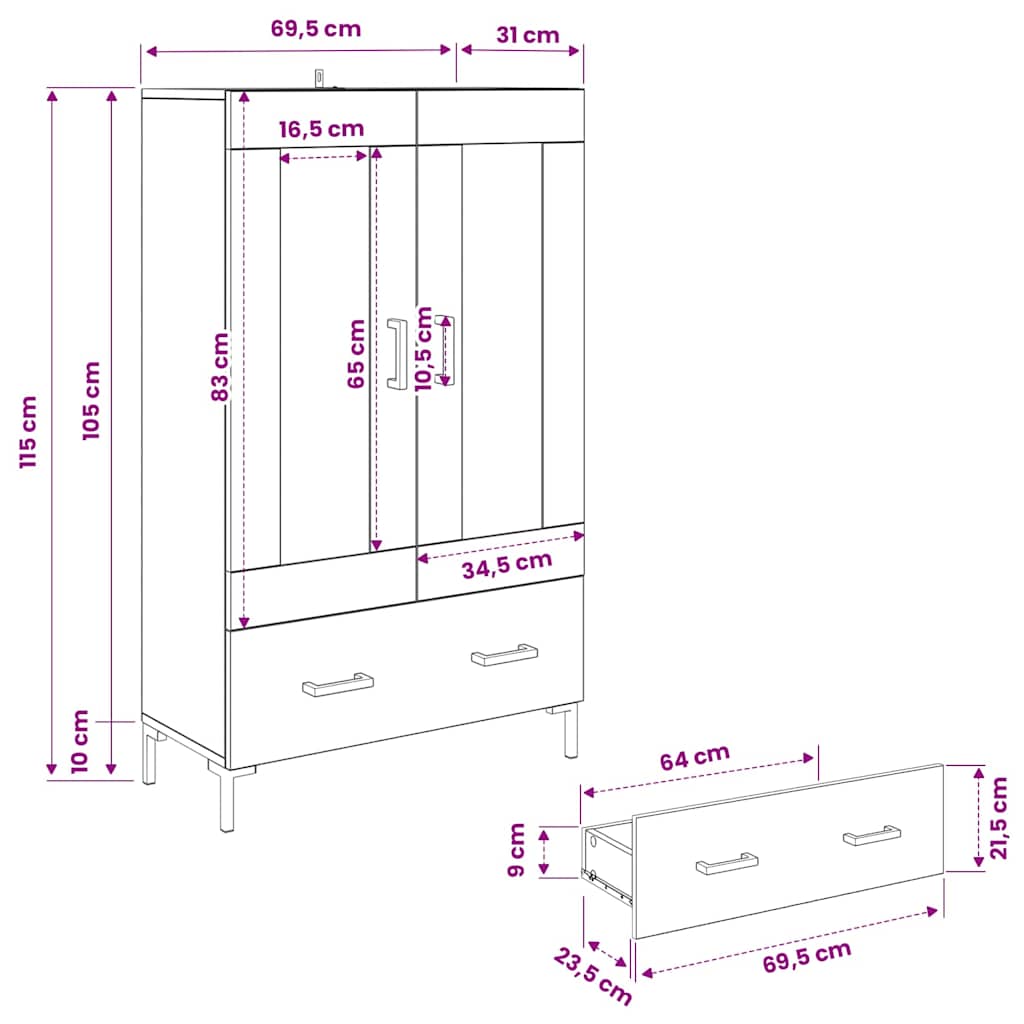 Highboard Crni hrast 69,5 x 31 x 115 cm Konstruirano drvo