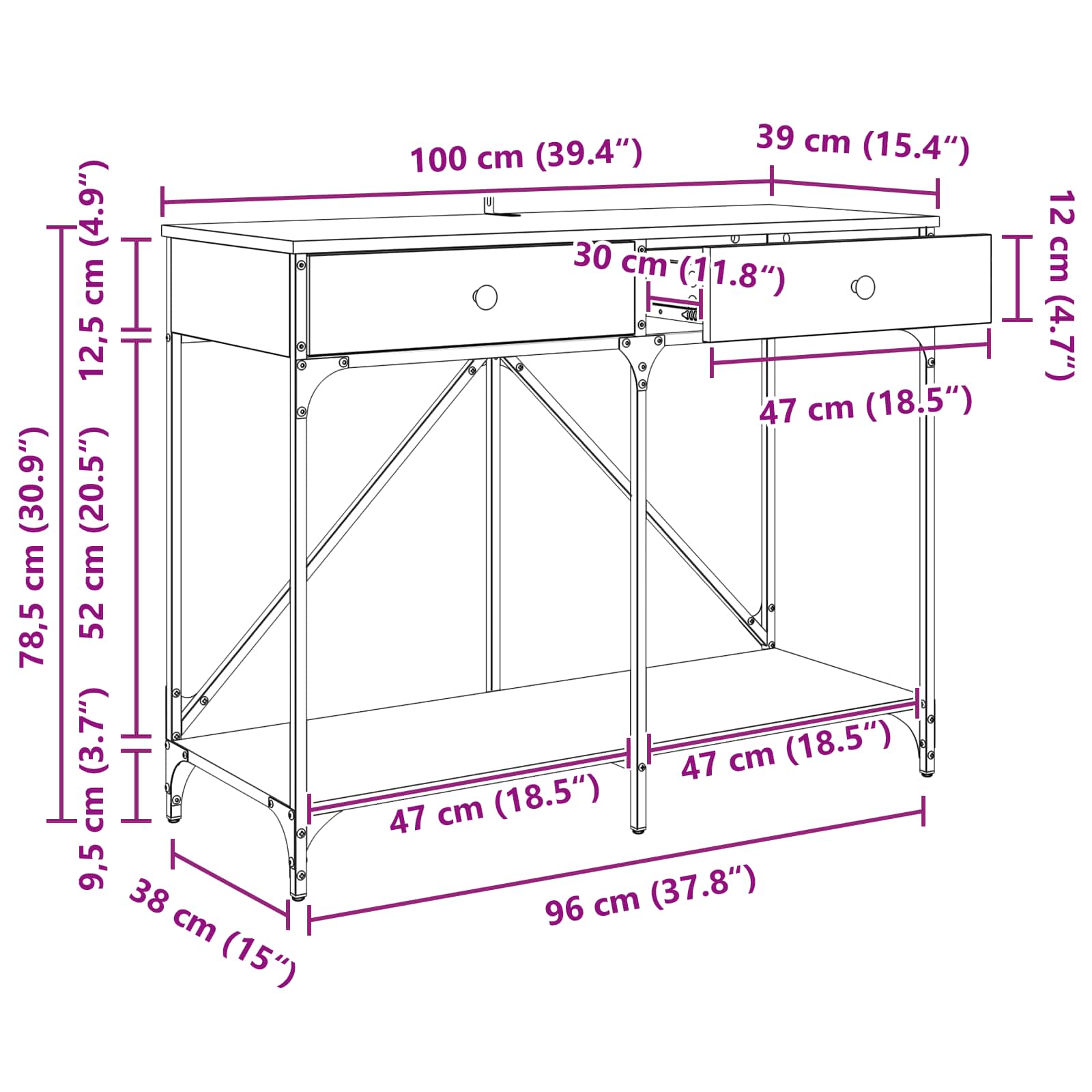 Konzolna stolica s ladicama Staro drvo 100 x 39 x 78,5 cm
