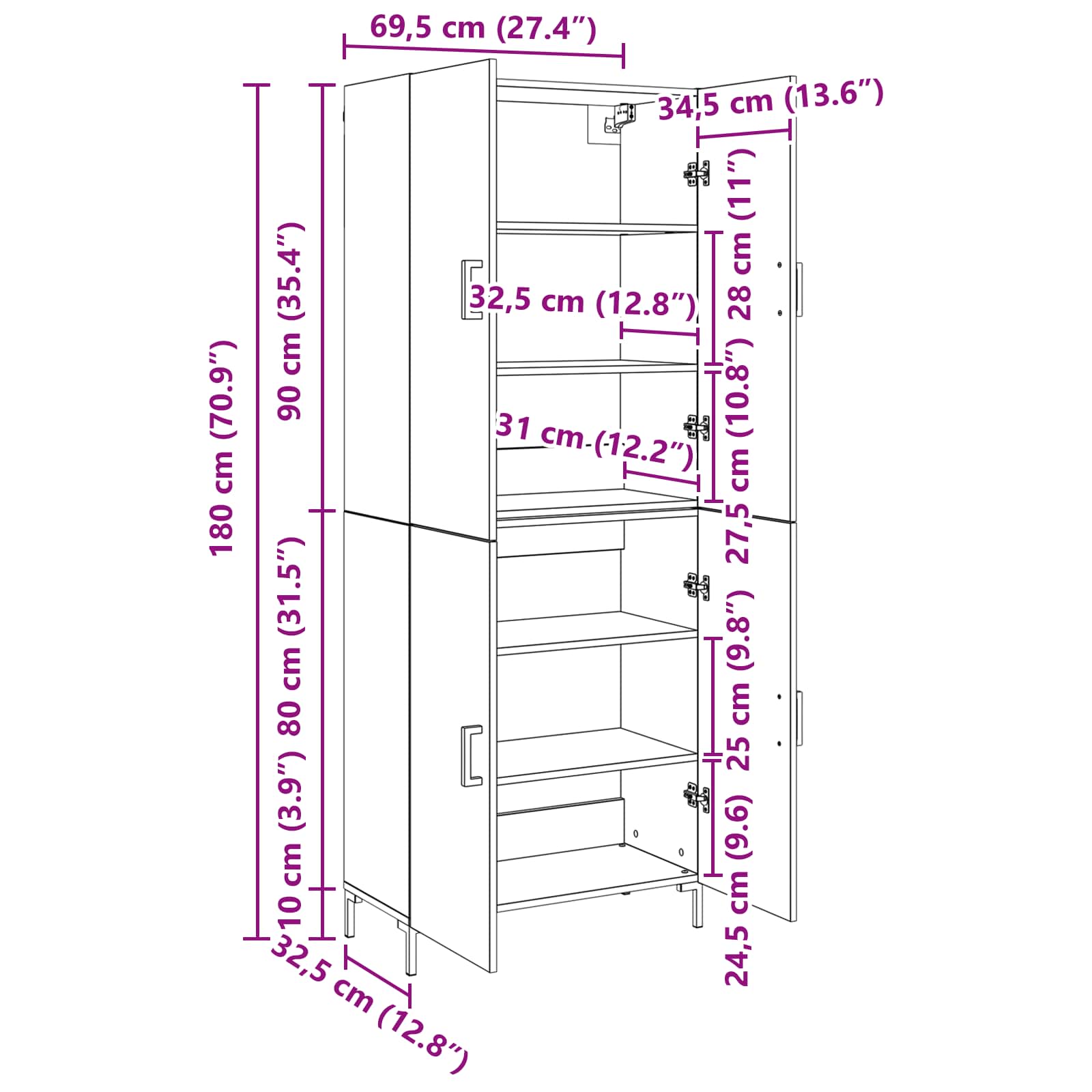 Highboard Zidne Staro drvo 69,5 x 34 x 180 cm Konstruirano drvo