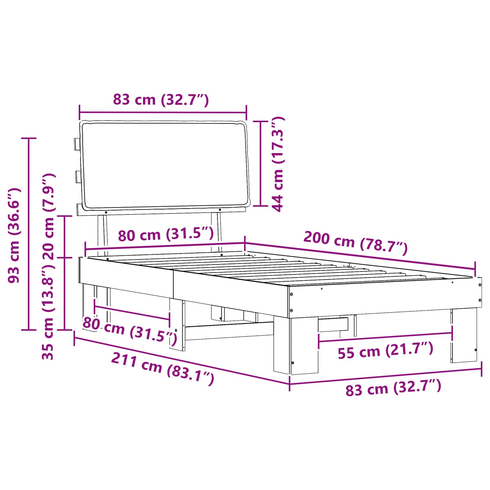 Krevetni okvir s tapiciranim uzglavljem Crna 80 x 200 cm