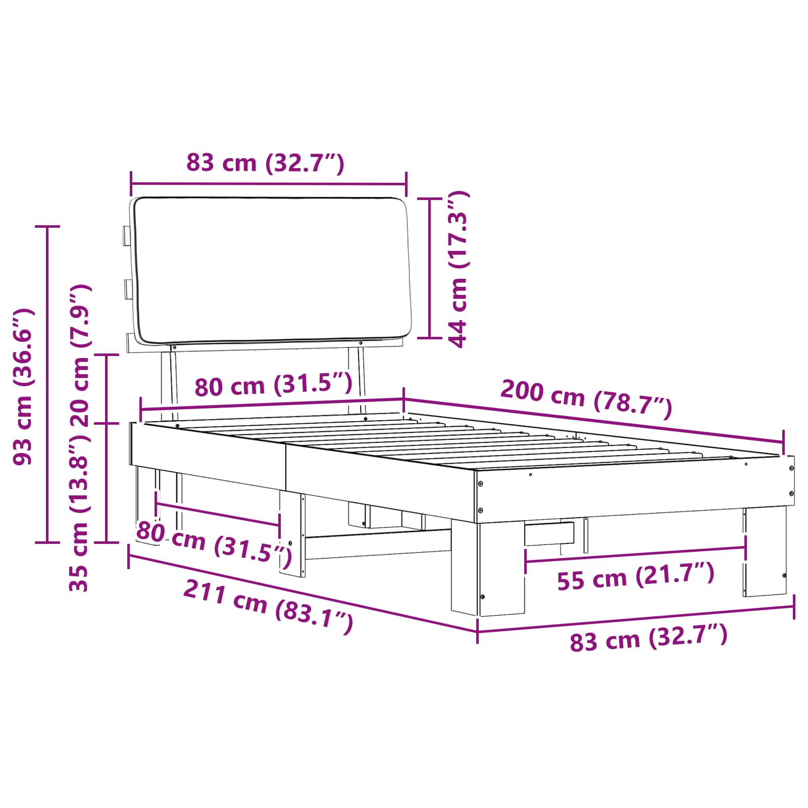 Krevetni okvir s tapiciranim uzglavljem Crna 80 x 200 cm