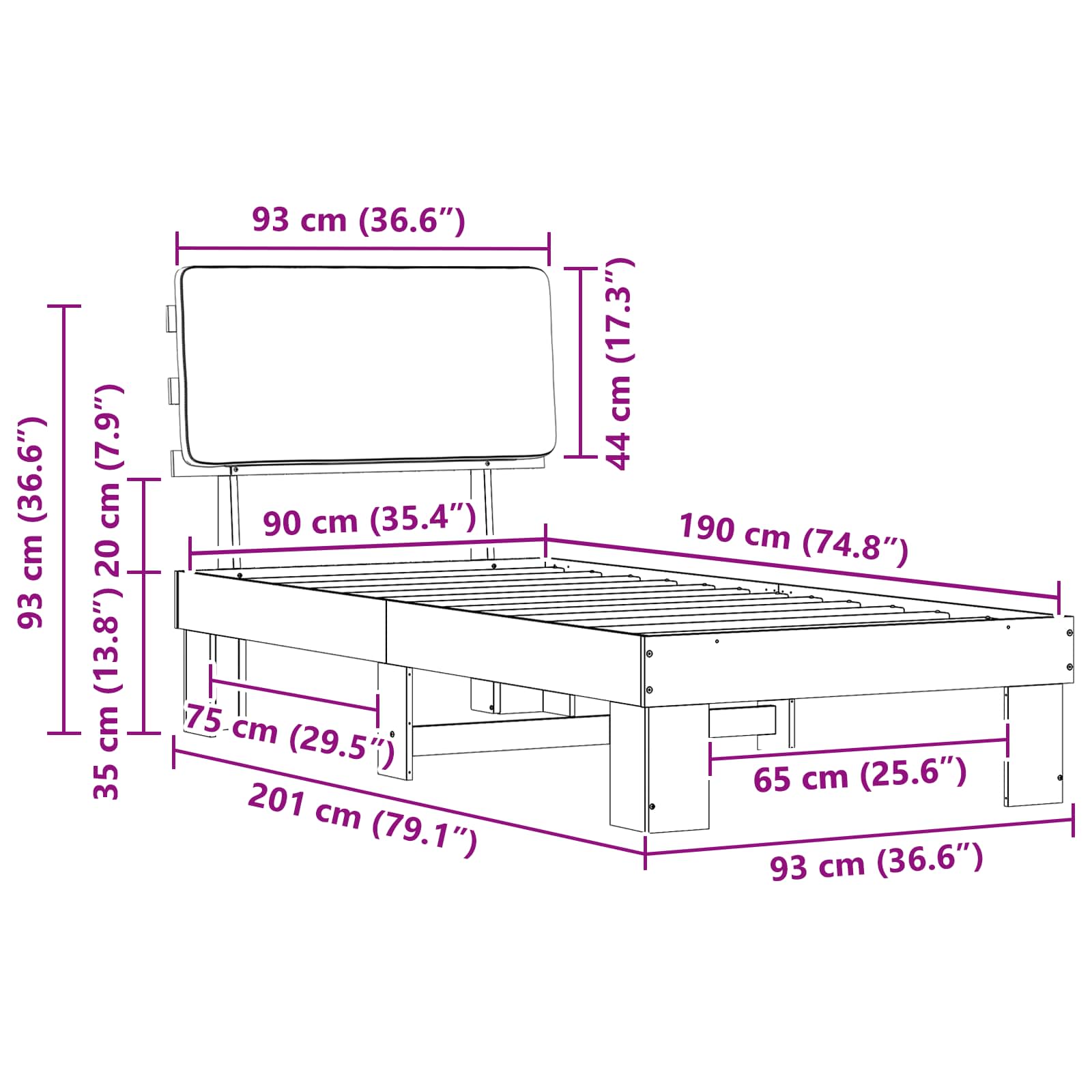 Krevetni okvir s tapiciranim uzglavljem Tamno siva 90 x 190 cm