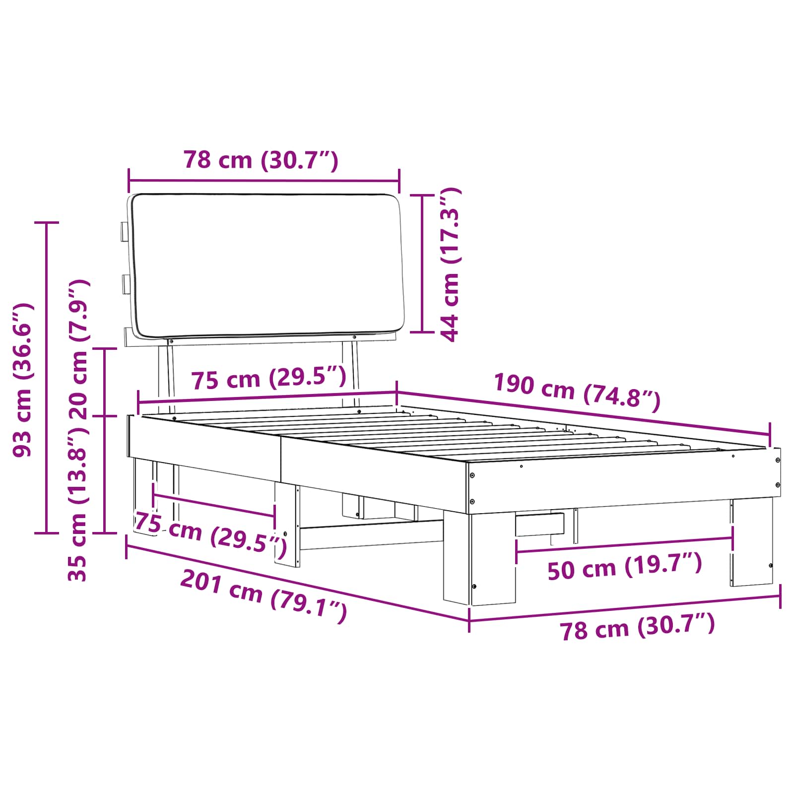 Krevetni okvir s tapiciranim uzglavljem Crna 75 x 190 cm