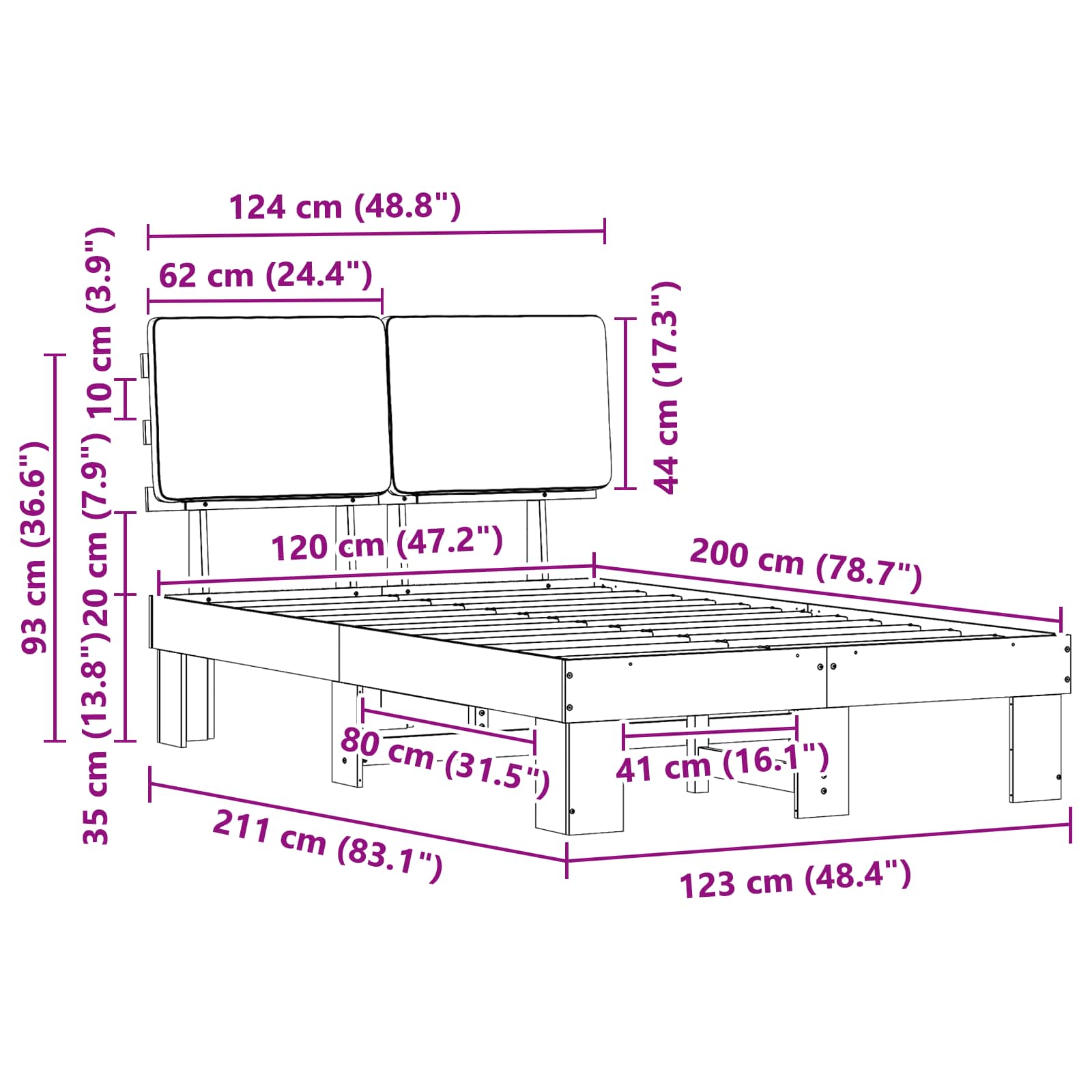 Krevetni okvir s tapiciranim uzglavljem Tamno siva 120 x 200 cm