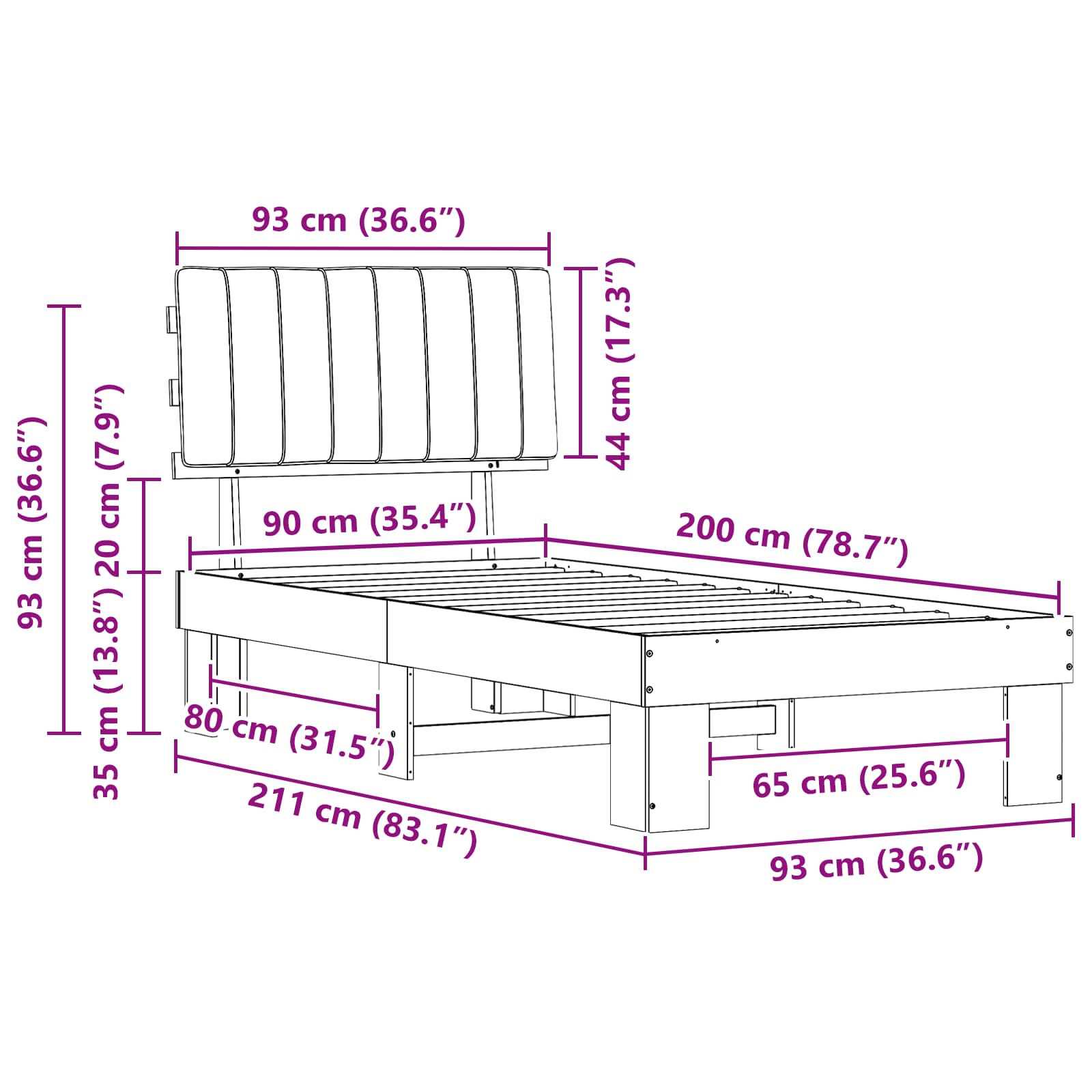Krevetni okvir s tapiciranim uzglavljem Tamno siva 90 x 200 cm
