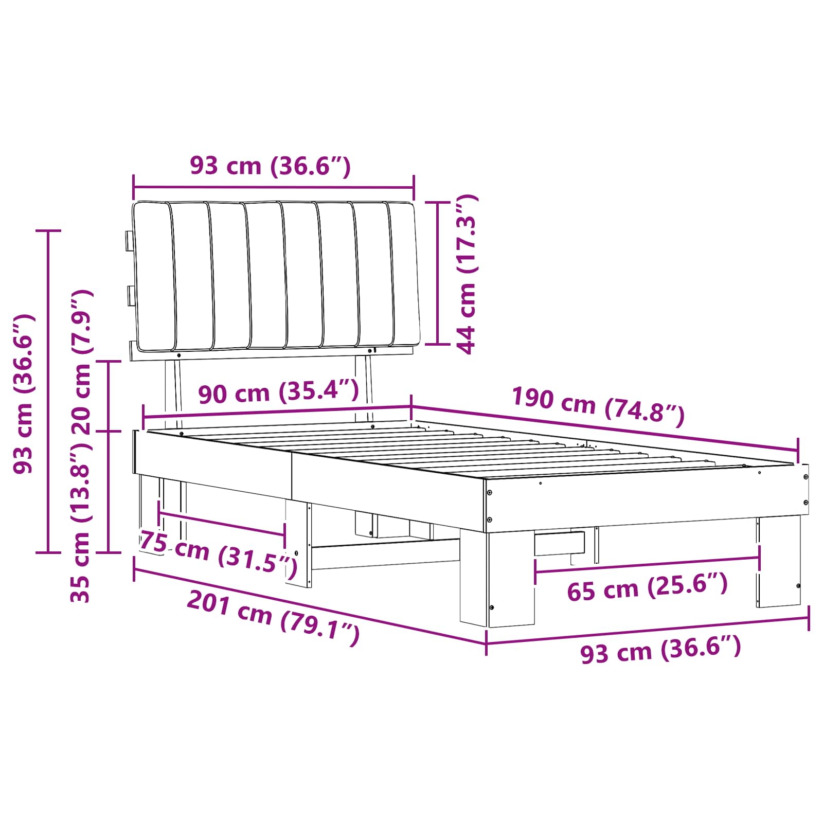 Krevetni okvir s tapiciranim uzglavljem Crna 90 x 190 cm
