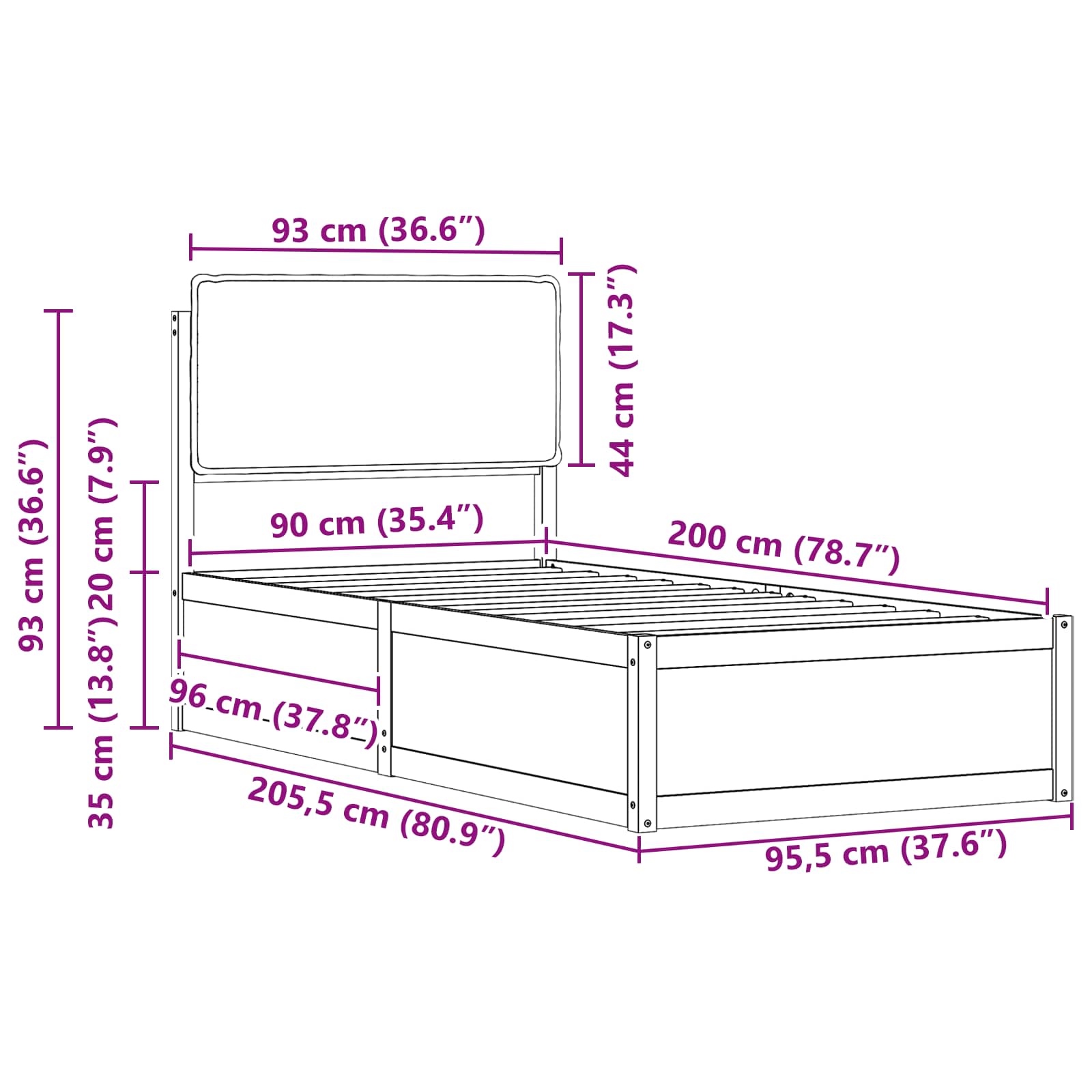 Krevetni okvir s tapiciranim uzglavljem Tamno siva 90 x 200 cm