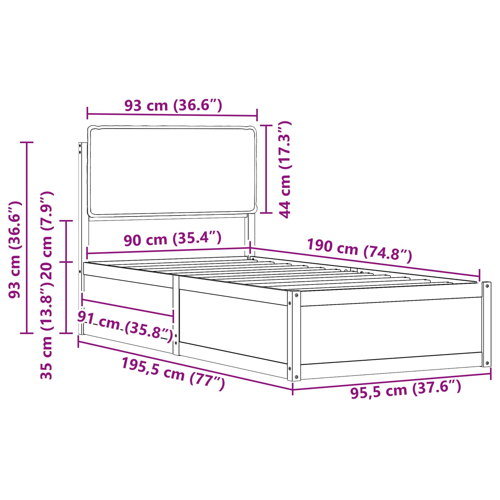 Krevetni okvir s tapiciranim uzglavljem Crna 90 x 190 cm