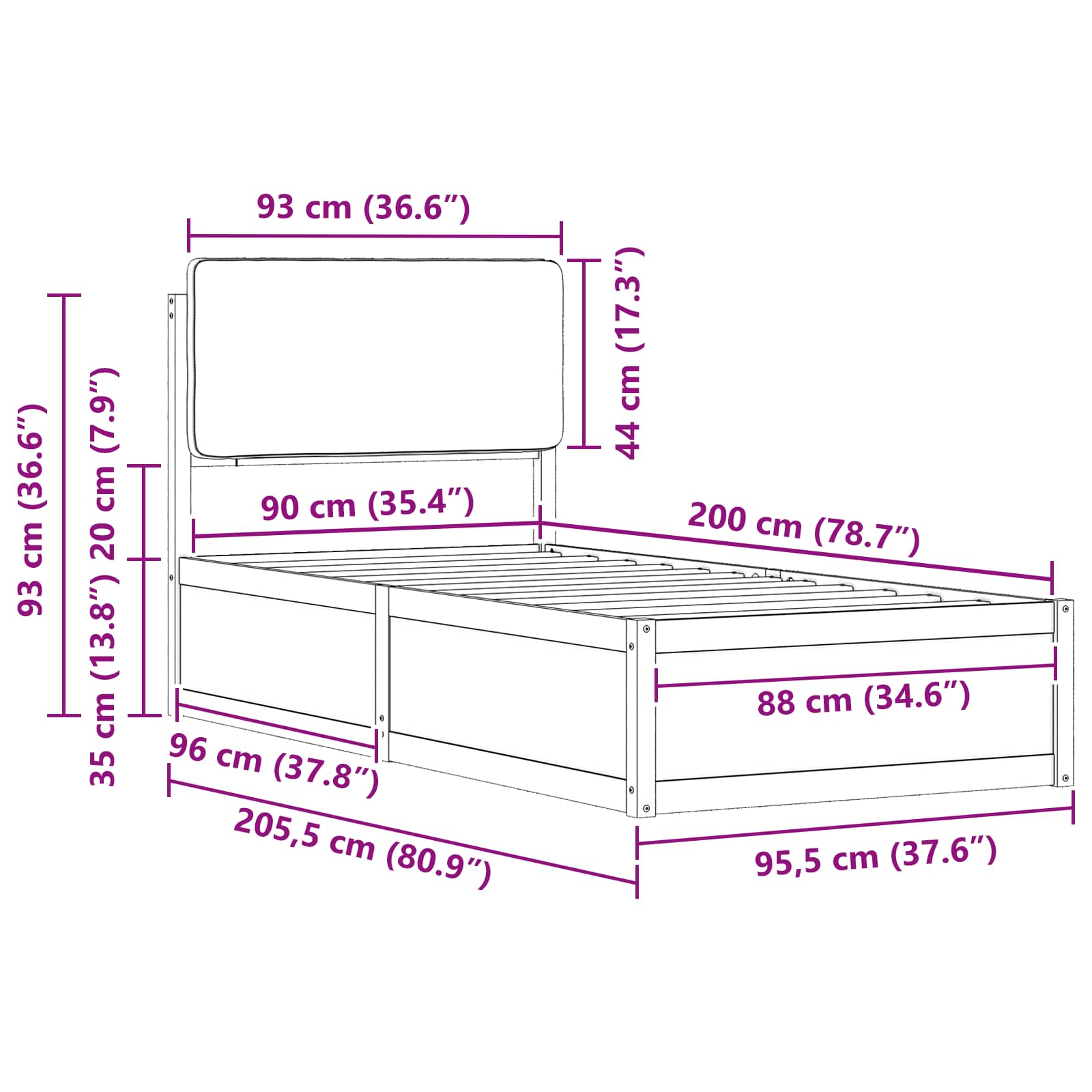 Krevetni okvir s tapiciranim uzglavljem Crna 90 x 200 cm