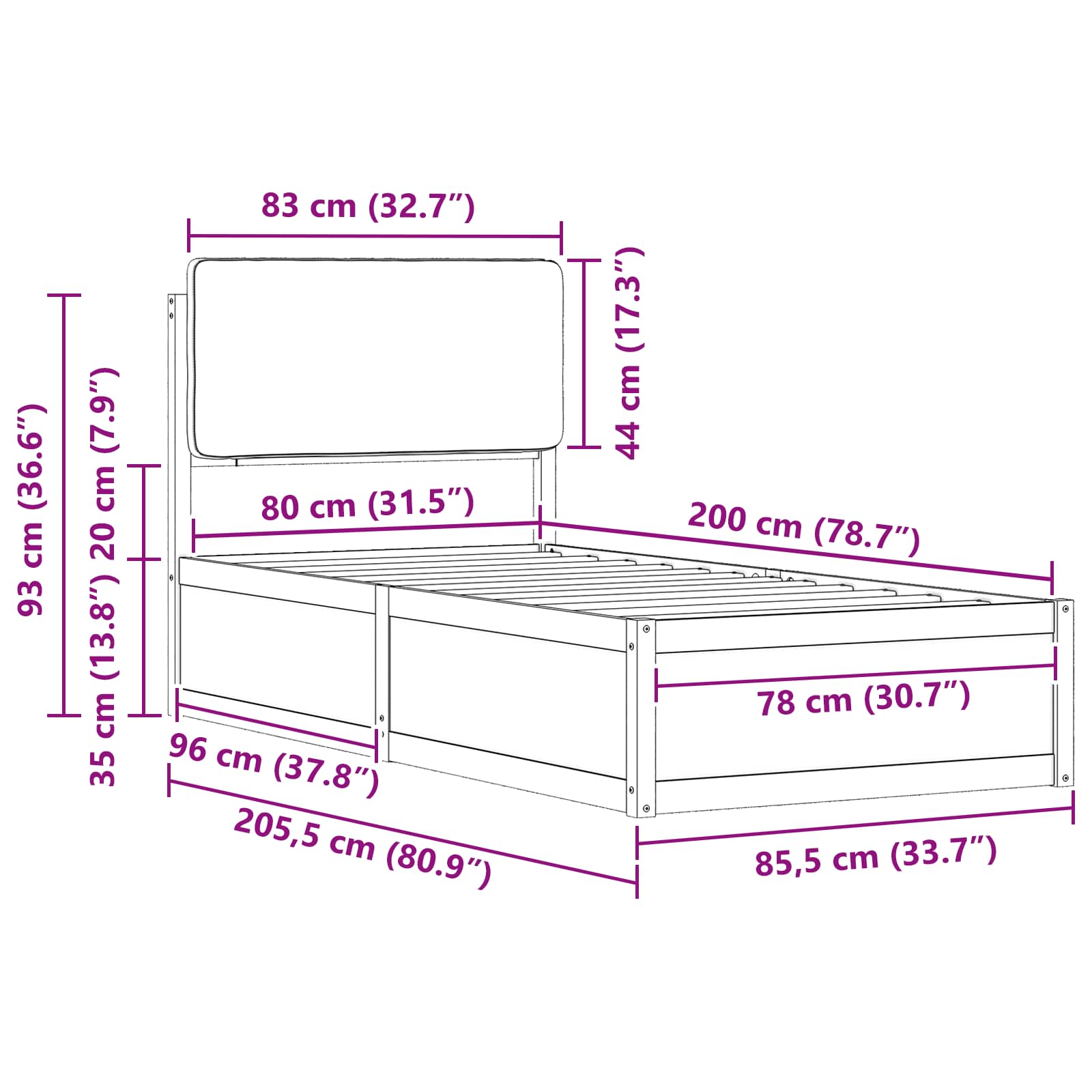 Krevetni okvir s tapiciranim uzglavljem Crna 80 x 200 cm