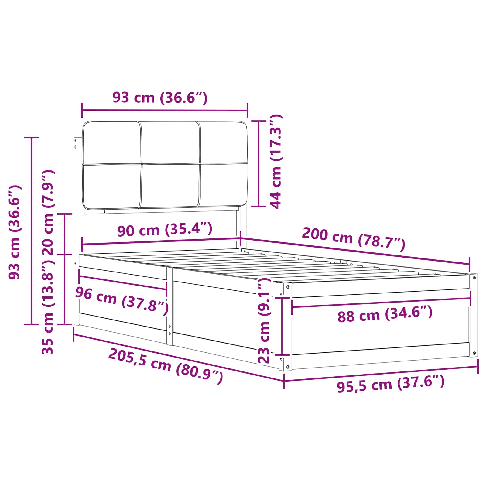 Krevetni okvir s tapiciranim uzglavljem Tamno siva 90 x 200 cm