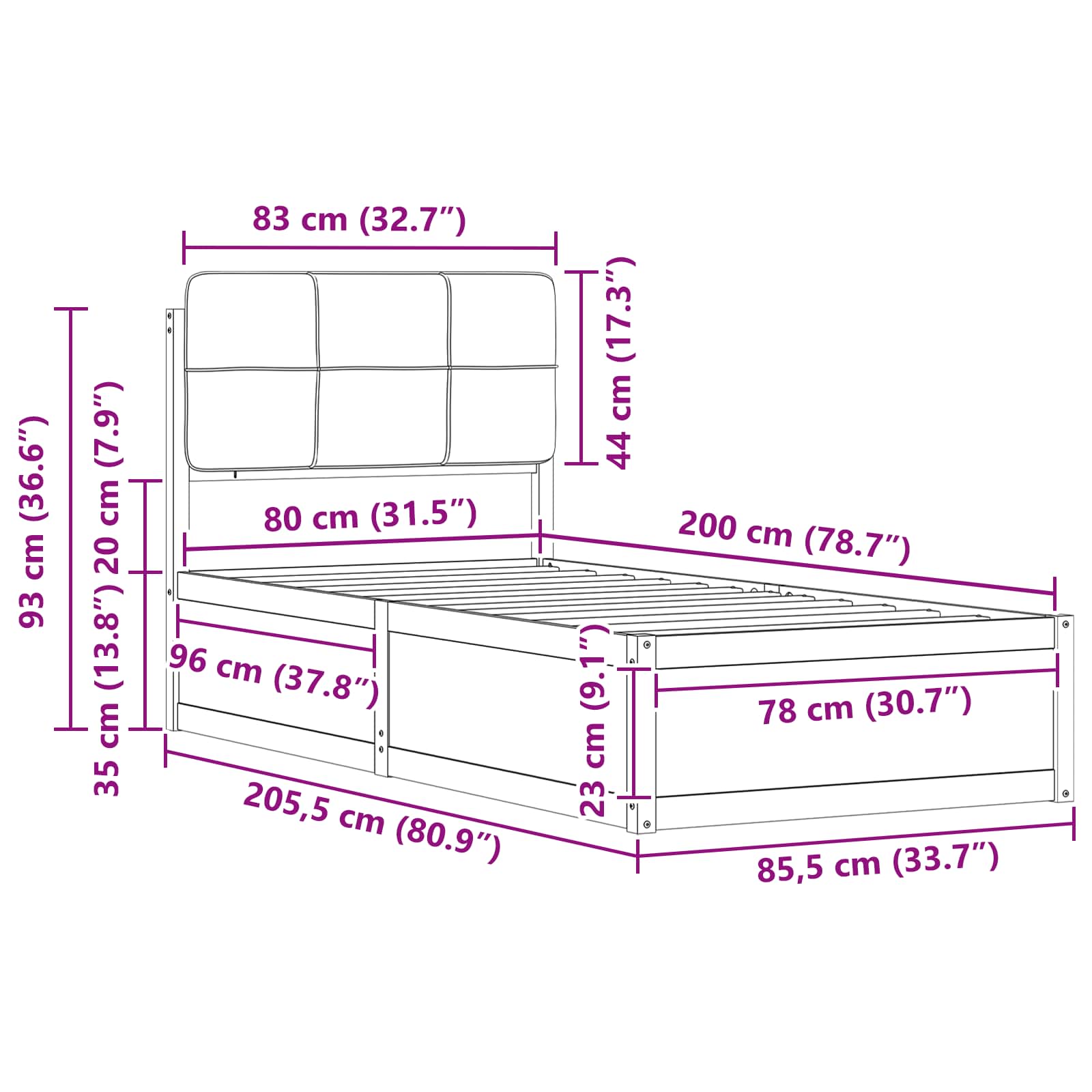 Krevetni okvir s tapiciranim uzglavljem Tamno siva 80 x 200 cm