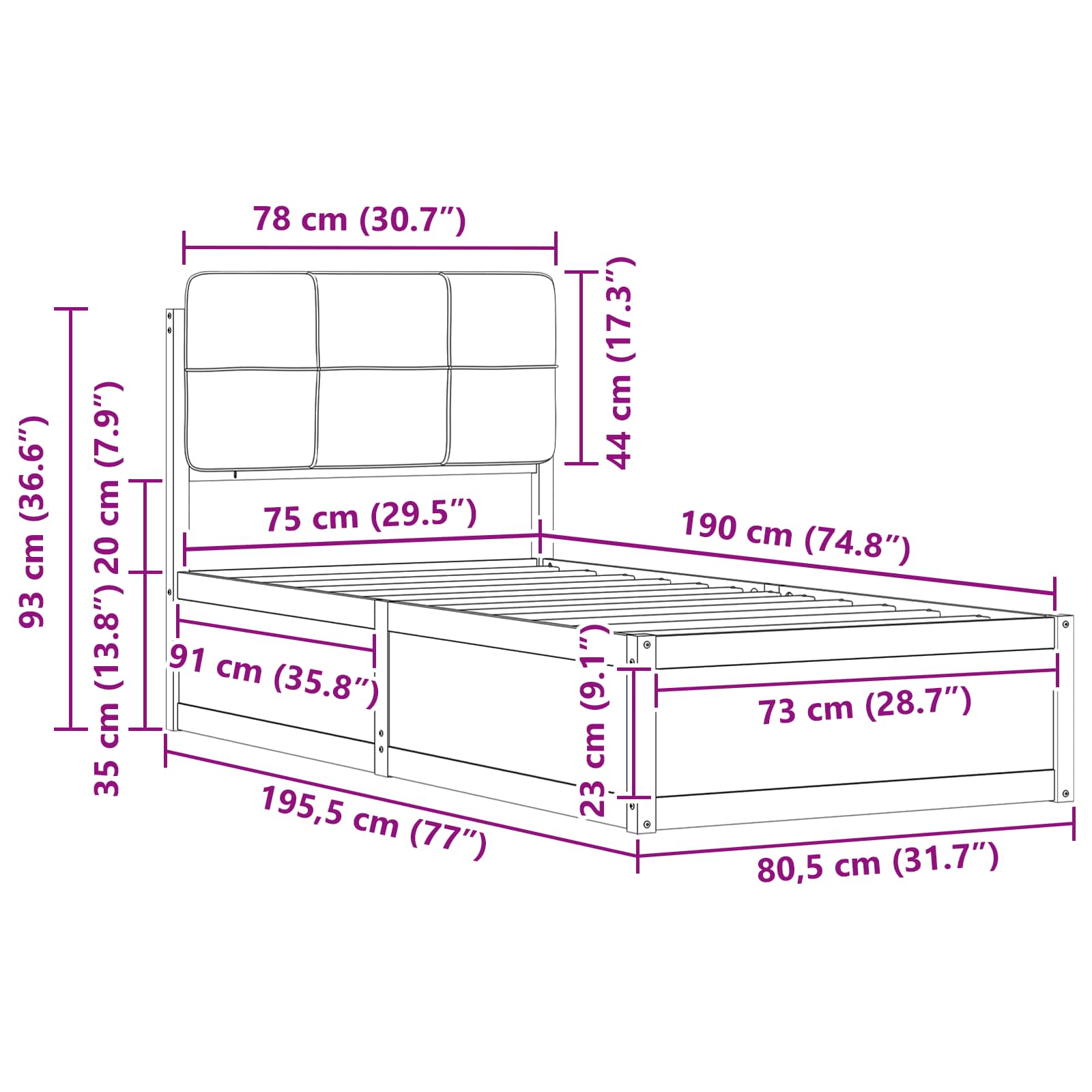 Krevetni okvir s tapiciranim uzglavljem Crna 75 x 190 cm