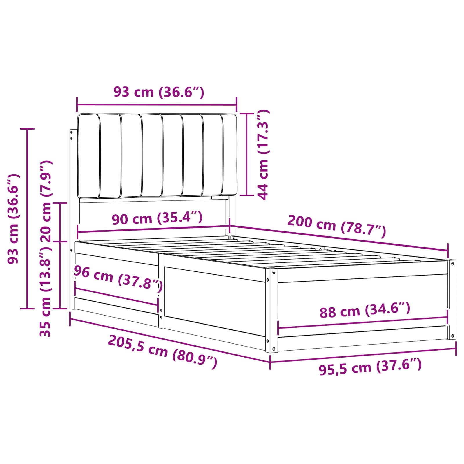 Krevetni okvir s tapiciranim uzglavljem Crna 90 x 200 cm