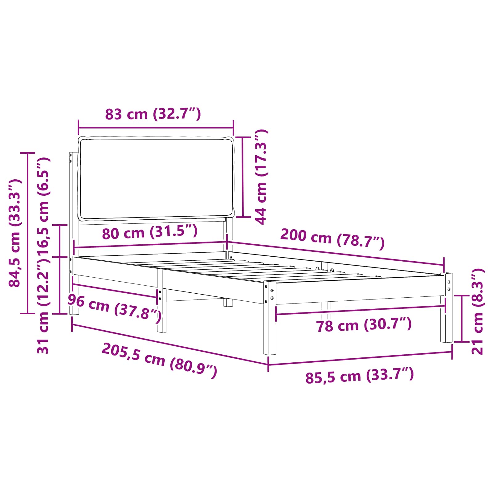 Krevetni okvir s tapiciranim uzglavljem Crna 80 x 200 cm