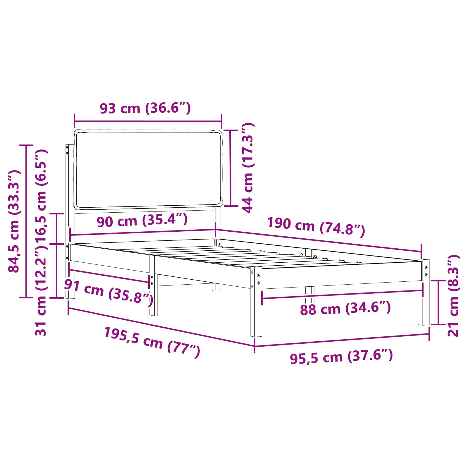 Krevetni okvir s tapiciranim uzglavljem Tamno siva 90 x 190 cm