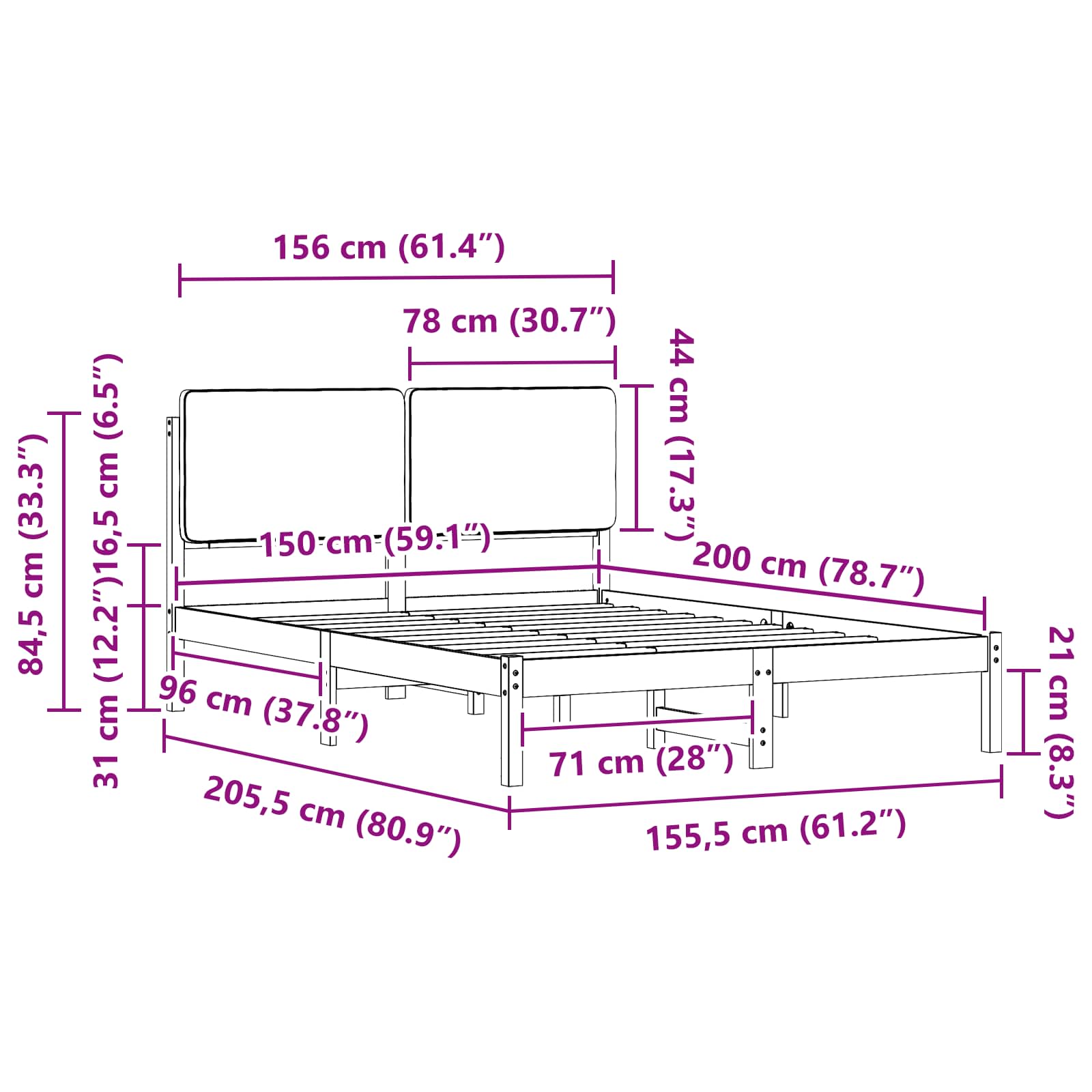 Krevetni okvir s tapiciranim uzglavljem Crna 150 x 200 cm