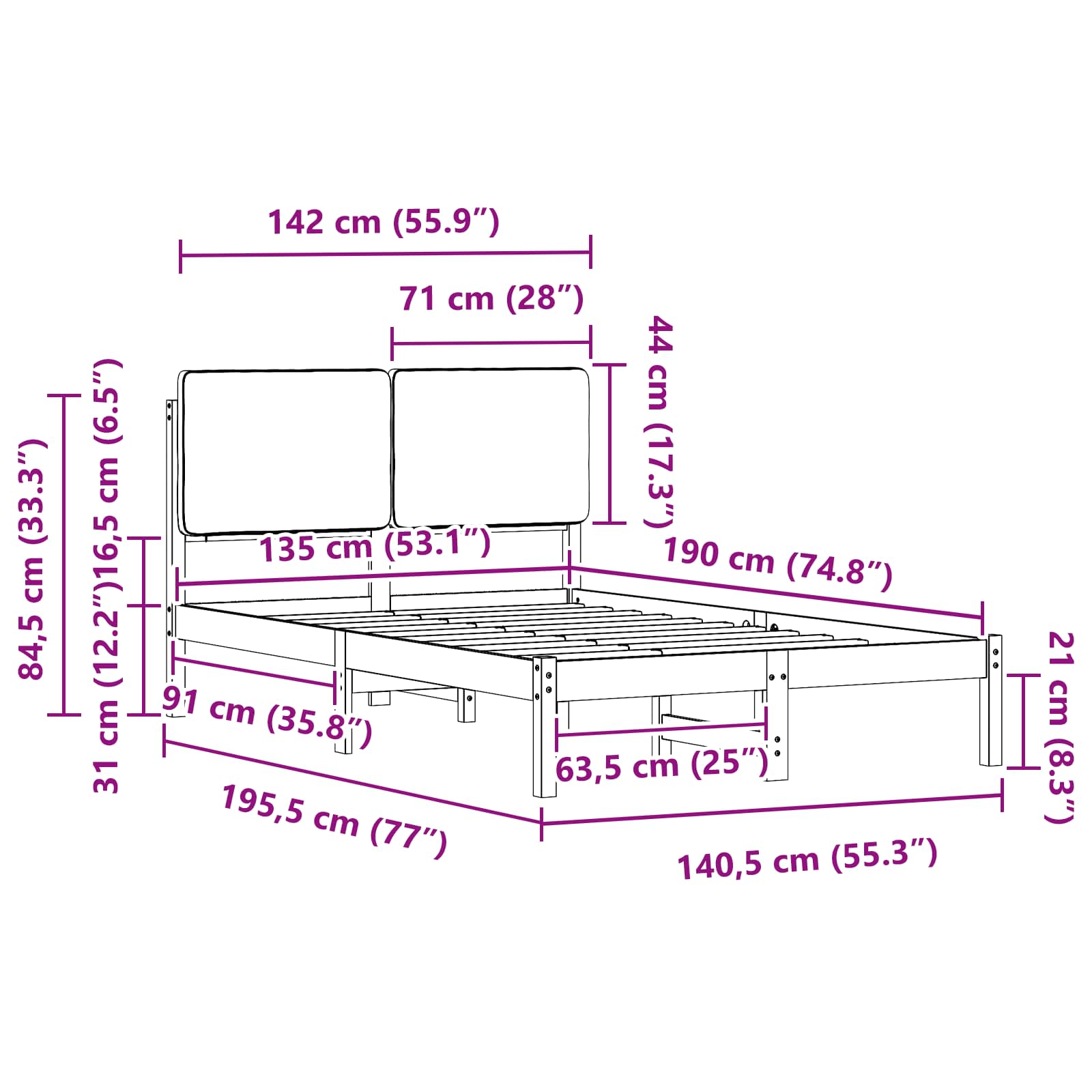 Krevetni okvir s tapiciranim uzglavljem Crna 135 x 190 cm