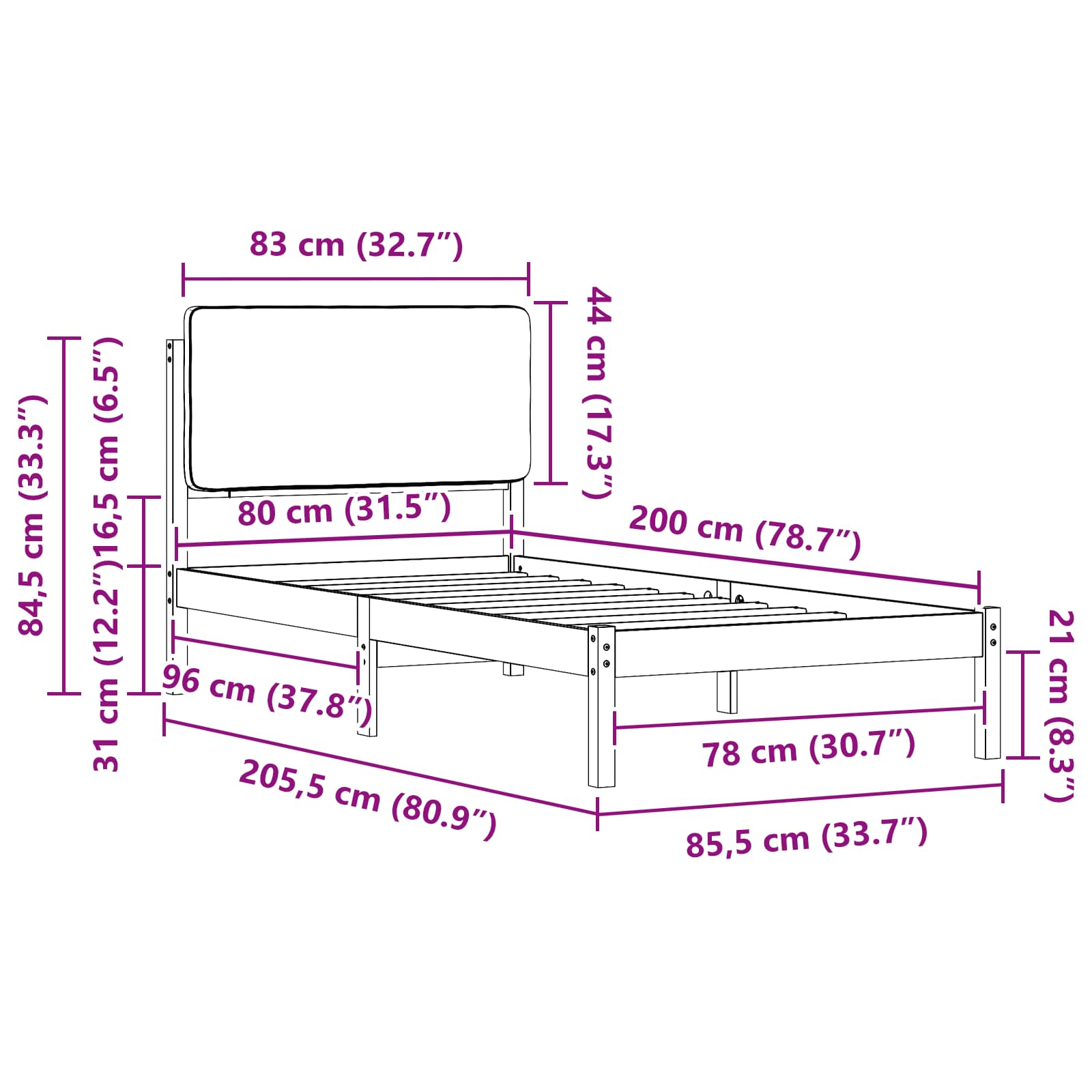Krevetni okvir s tapiciranim uzglavljem Crna 80 x 200 cm